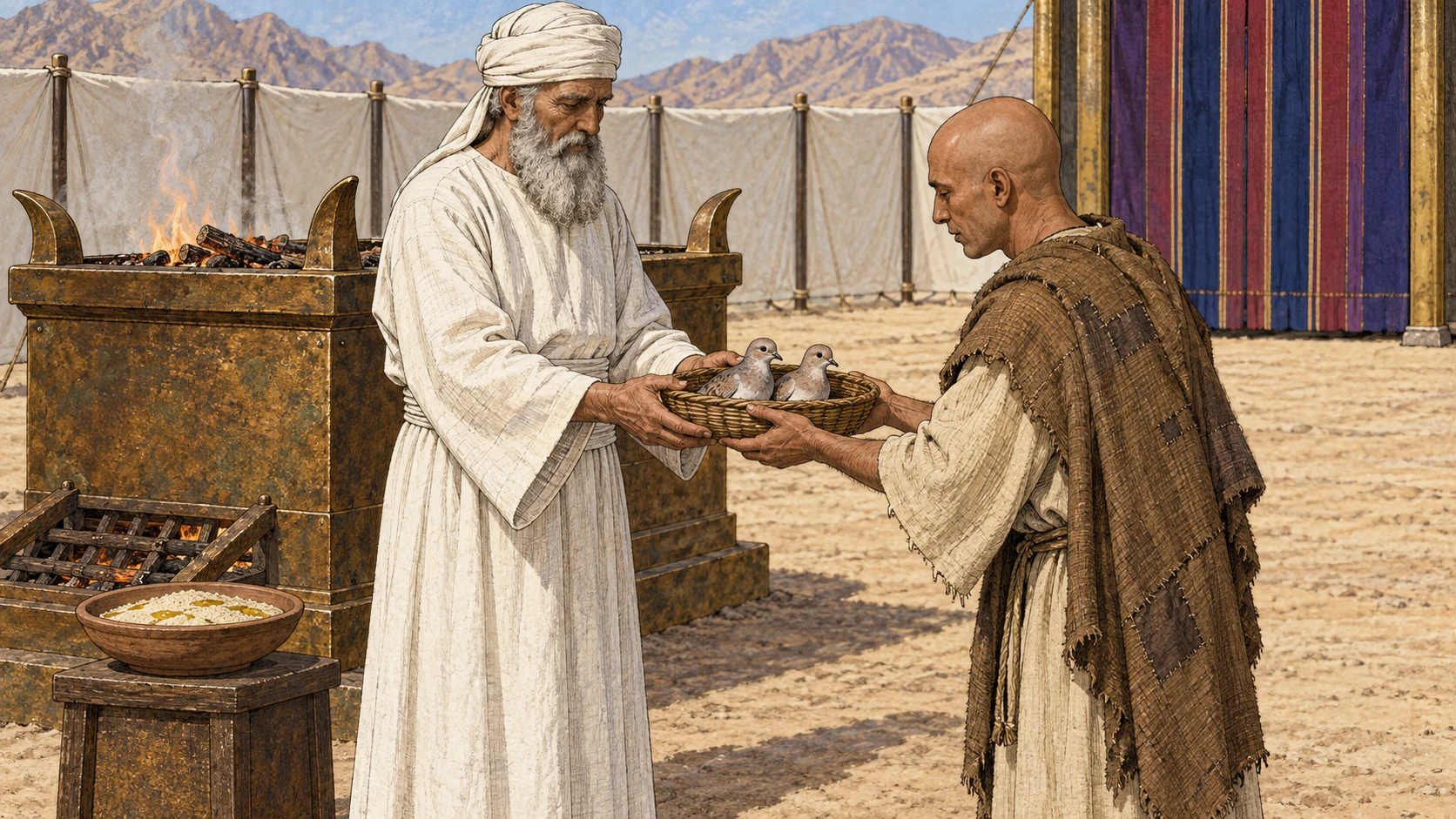 The priest receives two birds beside the altar, with the grain offering nearby. The accompanying verses assign one bird to the sin offering and the other to the burnt offering, and state the atonement for the worshipper.