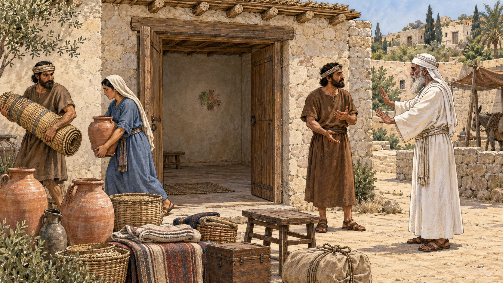 The homeowner speaks with the priest outside while household members remove possessions from the house. A discolored patch is visible on the interior wall. The verses place this instruction in Canaan and require emptying before inspection.