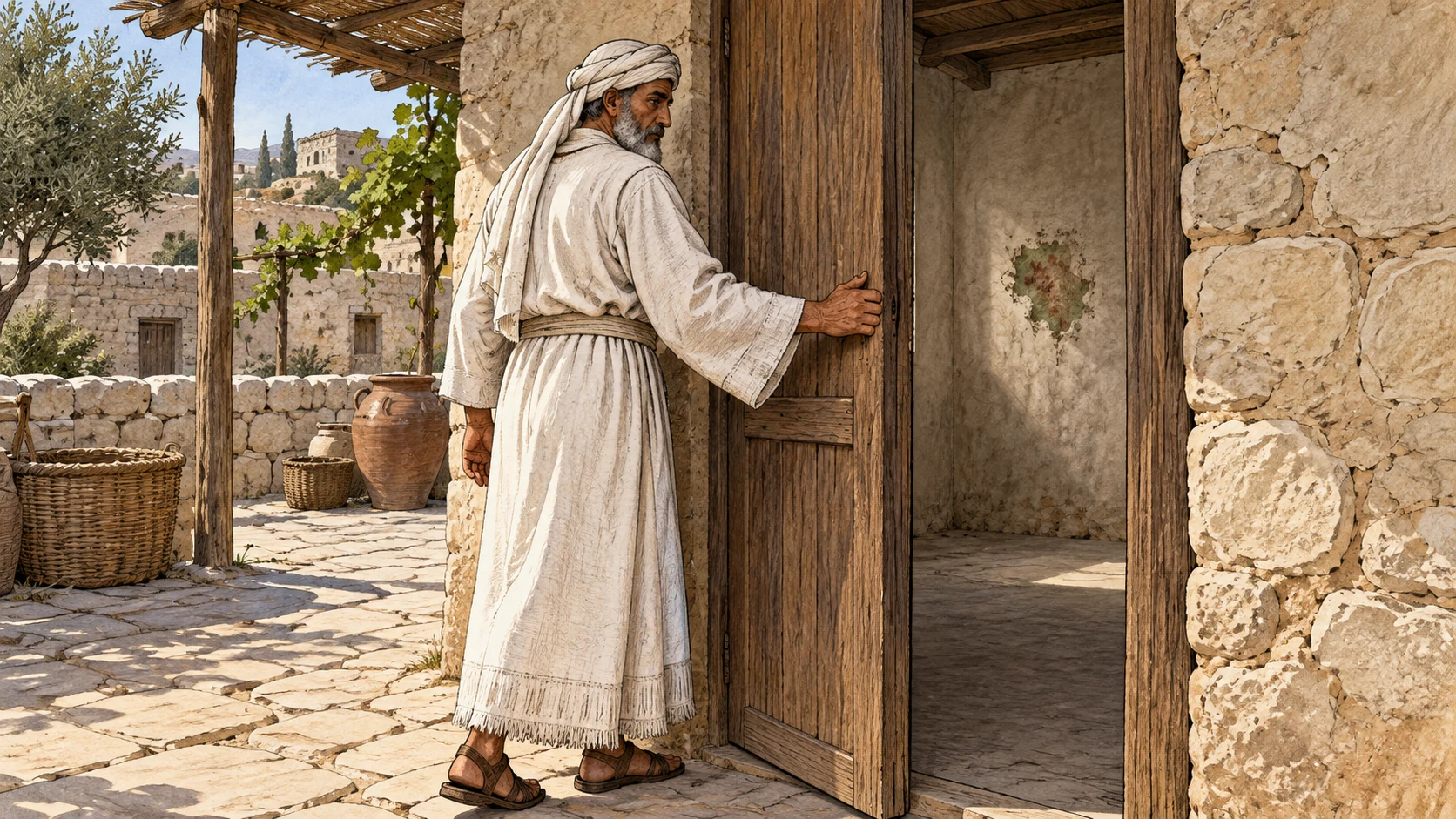 The priest stands outside and closes the house after inspection. Through the doorway, the empty room and discolored recessed wall patch remain visible. The accompanying verses specify the finding and seven-day closure.