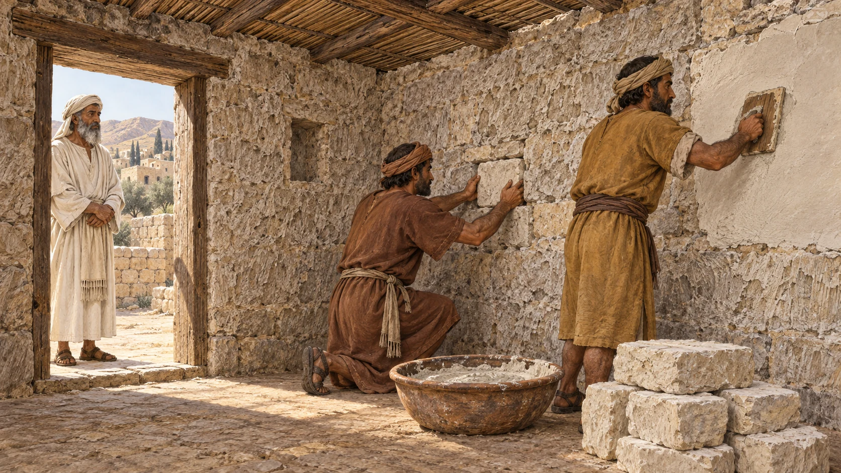 Masons fit replacement stones and apply fresh plaster while the priest watches. The accompanying verses preserve the earlier inspection, removal of affected stones, scraping of the interior, and disposal outside the city.