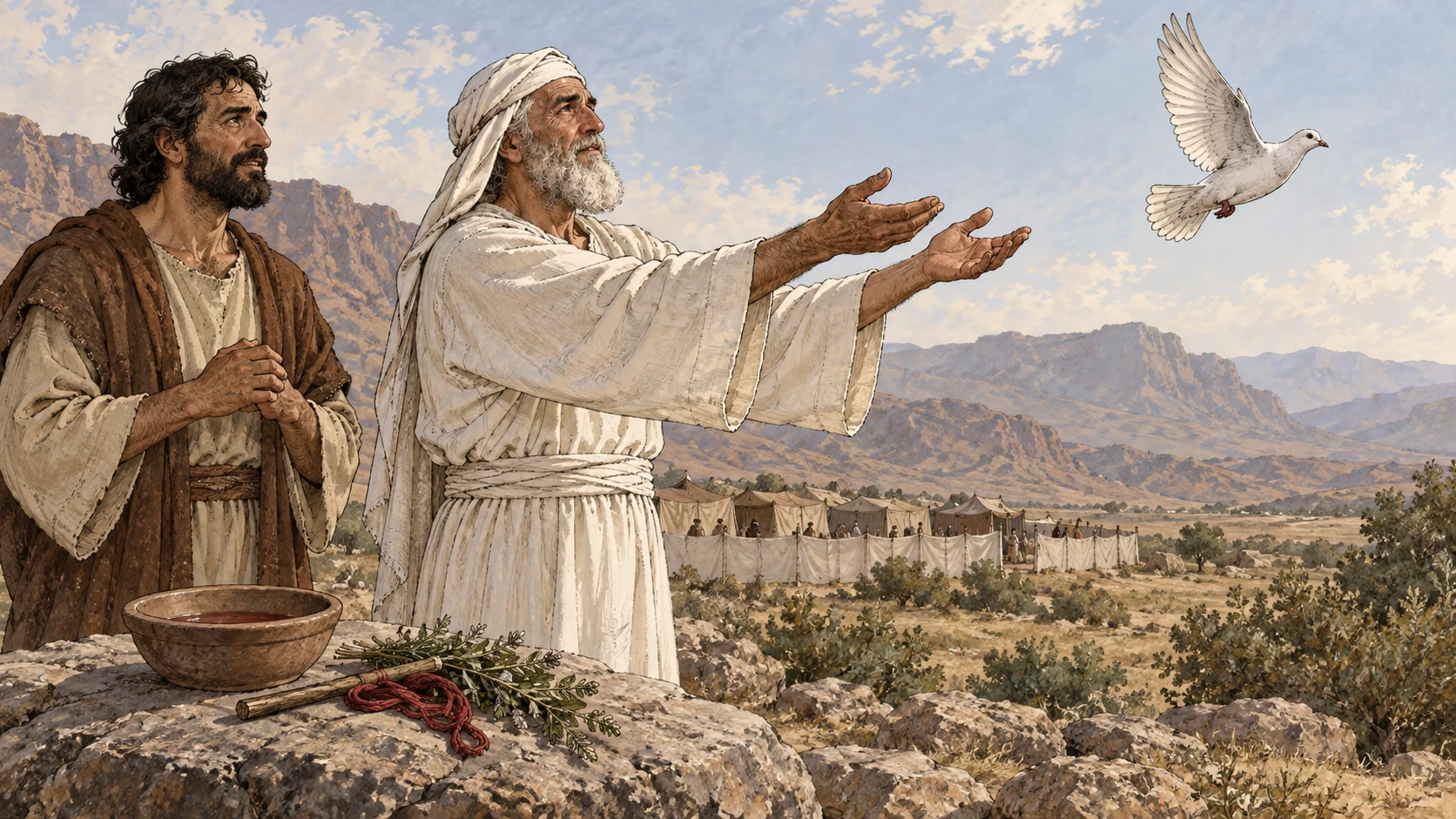 The priest releases the living bird over the open field while the restored man watches. The bowl, cedar wood, scarlet yarn and hyssop remain beside them. The accompanying verses preserve the earlier sacrifice, dipping, and seven sprinklings.
