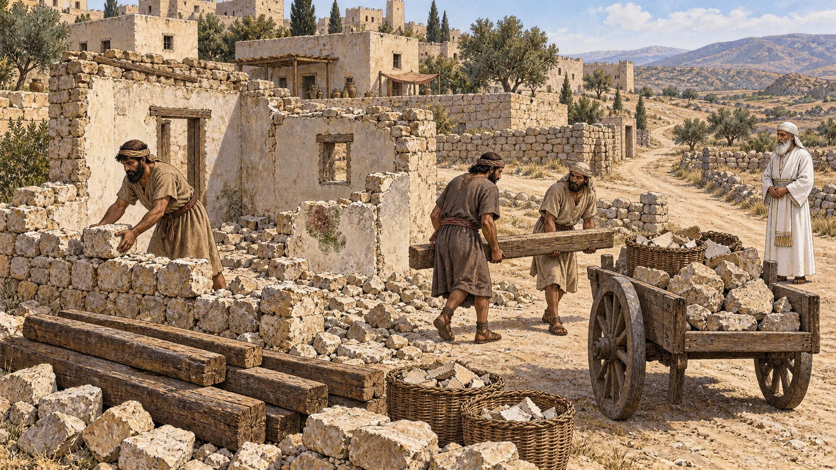 Workers dismantle the affected house and gather its stones, timber, and plaster for removal. The accompanying verses describe the returning outbreak, inspection, and disposal outside the city.