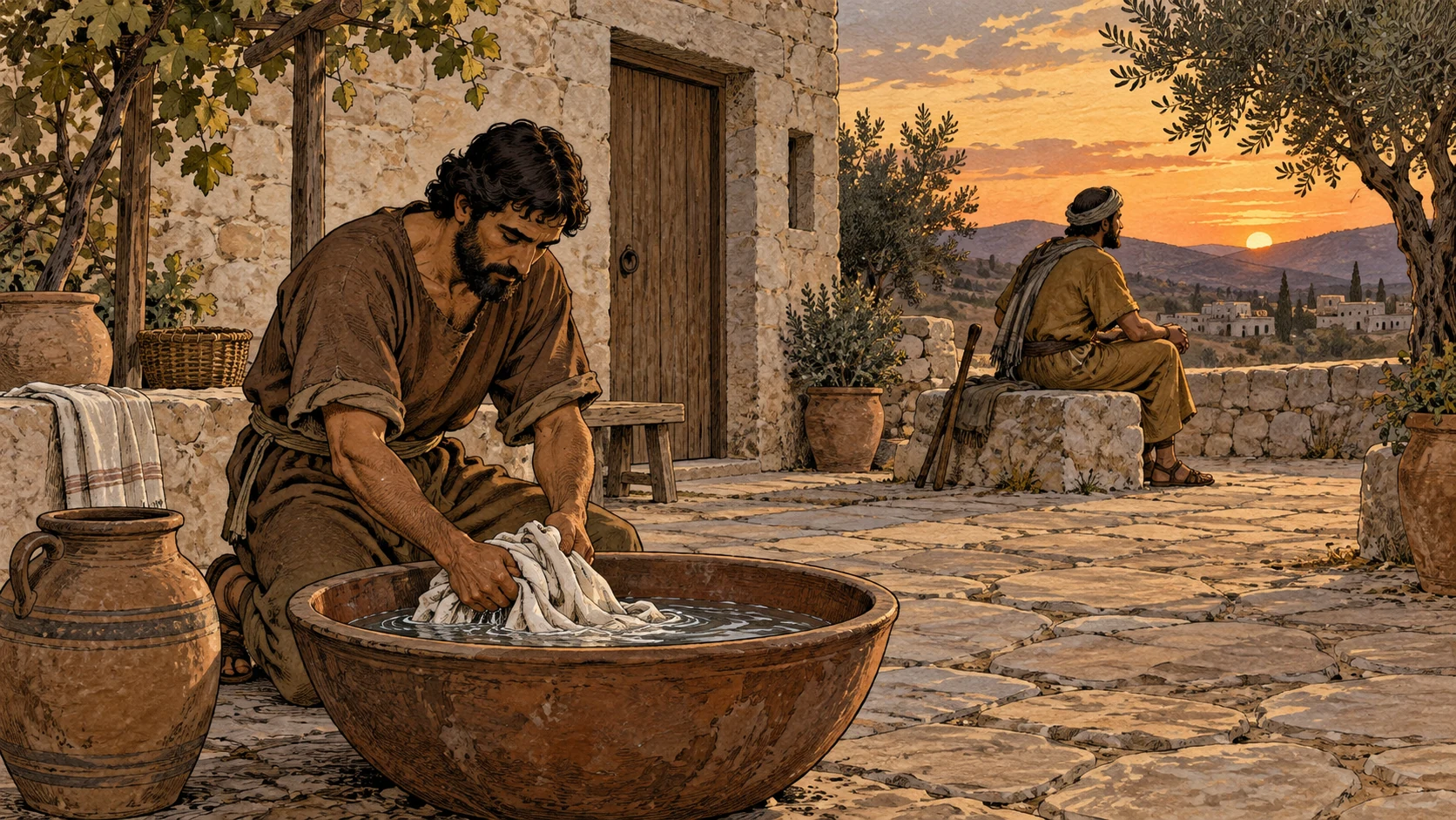 Outside the closed house, a man washes his garment while another waits as evening approaches. The verses explain the consequences of entering, sleeping, or eating in the house during its closure.