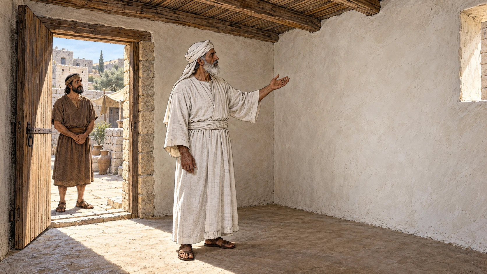 The priest reinspects the replastered walls while the homeowner waits at the doorway. The verse states that the outbreak has not spread and the house is pronounced clean.
