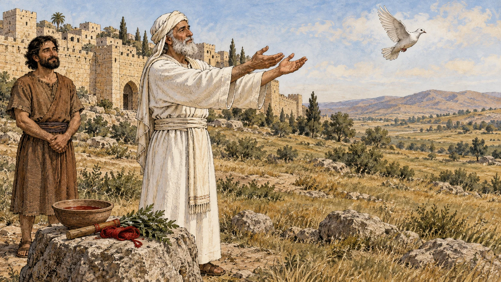Outside the city, the priest releases the surviving bird into the open field. The accompanying verses preserve the earlier sacrifice, dipping, and seven sprinklings of the house.