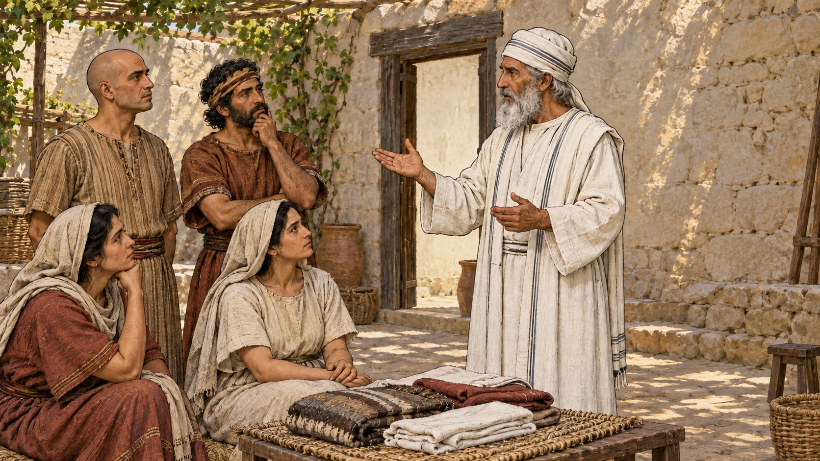 A teaching illustration brings together people, textiles, and a house. The closing verses summarize the conditions covered and the instruction about when they are clean or unclean.