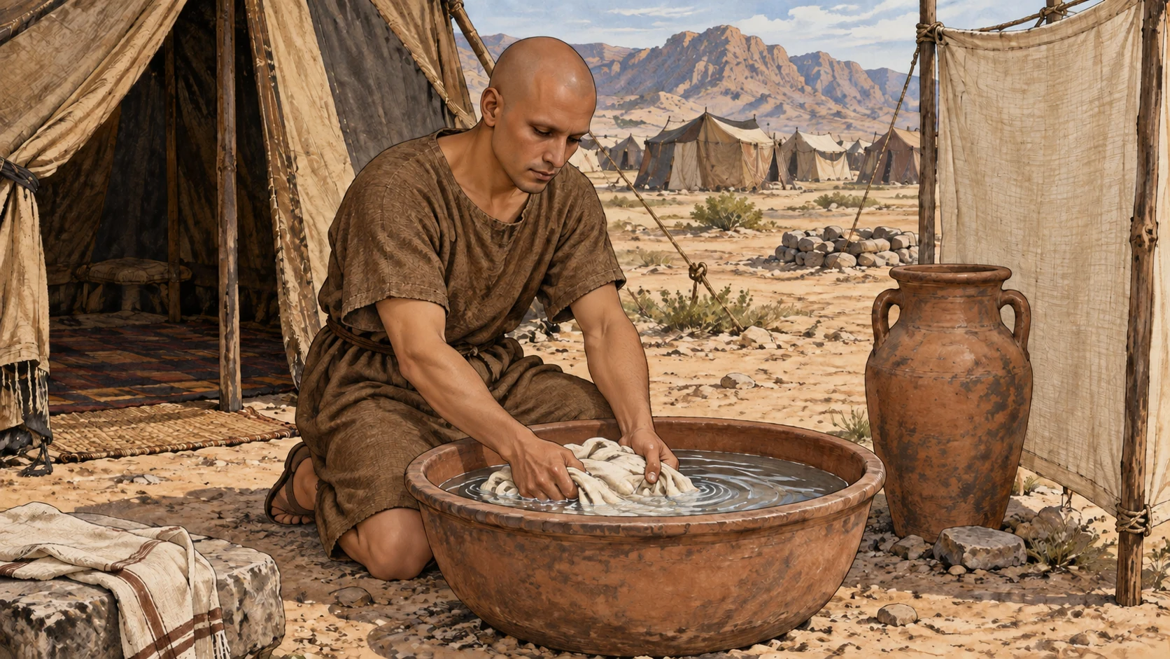 The shaved man washes his garment outside a tent, with water and a privacy screen nearby. The accompanying verses describe both washings, bathing, and the seven-day stay outside his own tent.