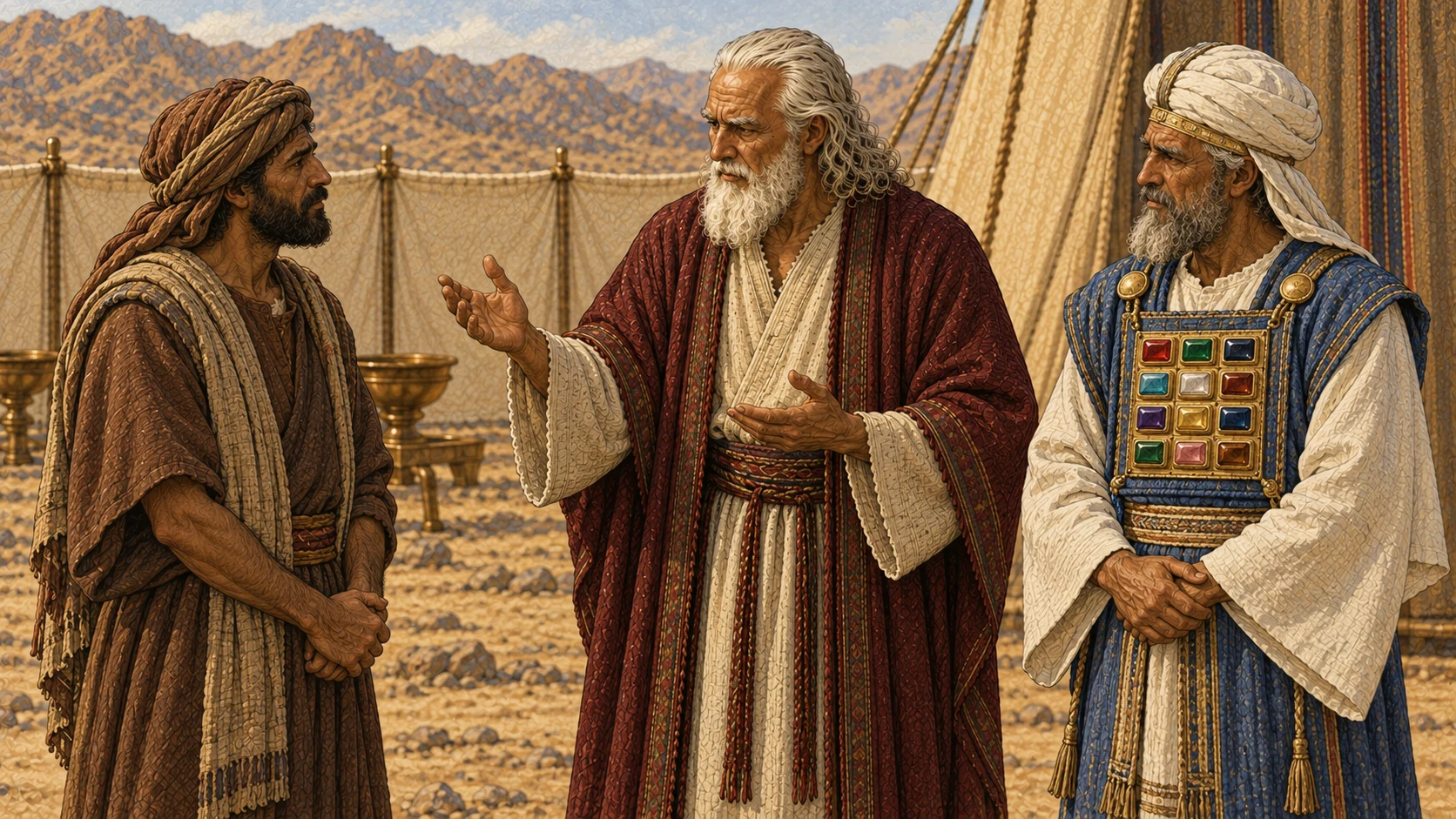 Moses and Aaron give instruction to an adult Israelite in a quiet conversation. The accompanying verses state the rules about an ongoing bodily discharge, whether running or stopped.