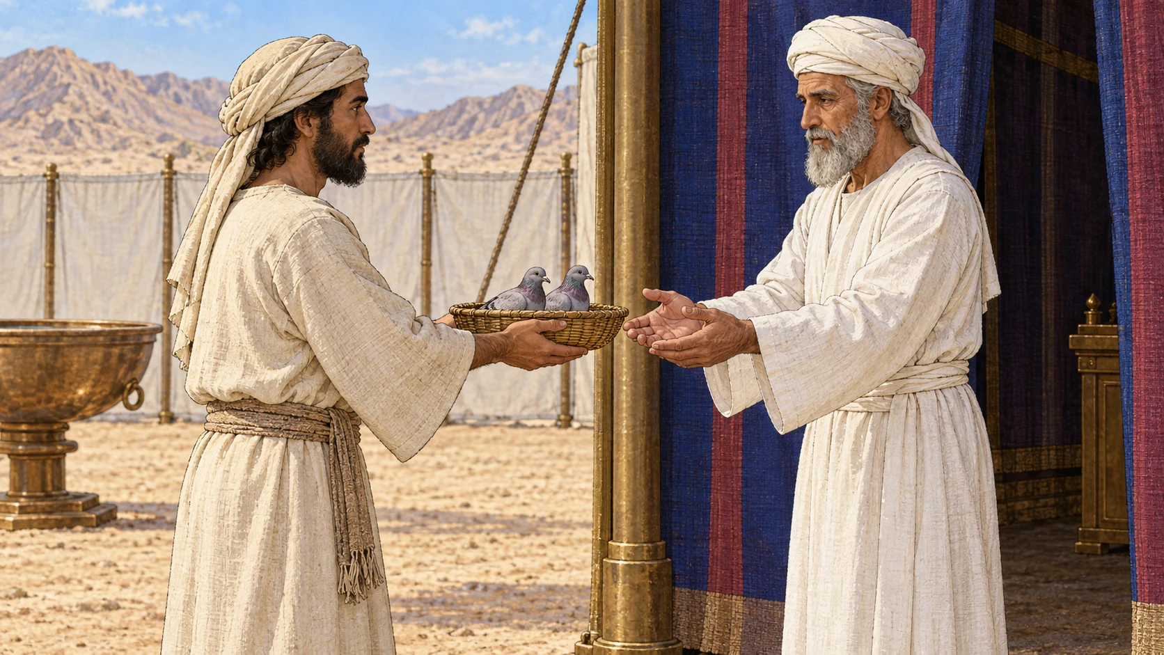 A man presents two pigeons to the priest at the entrance of the tent of meeting. The accompanying verses preserve the seven days, washing and bathing, eighth-day presentation, and the two offerings.