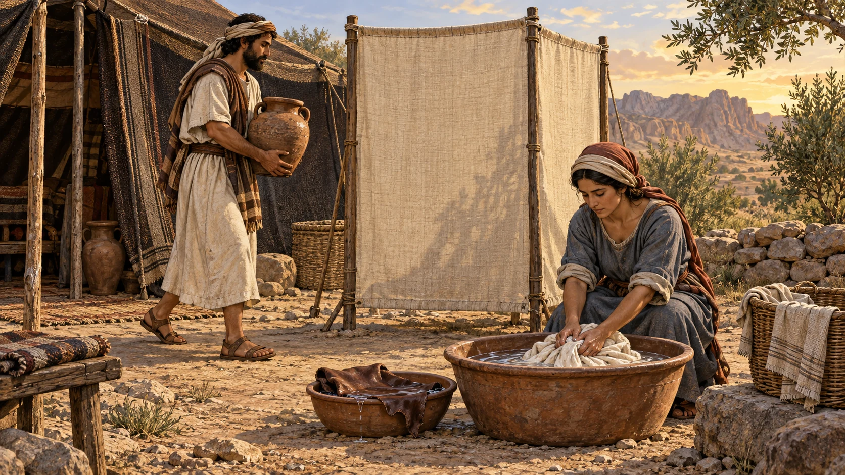Water is carried toward a privacy screen while linen is washed and a leather hide rests in a separate basin. The accompanying verses state the circumstances requiring washing and uncleanness until evening.