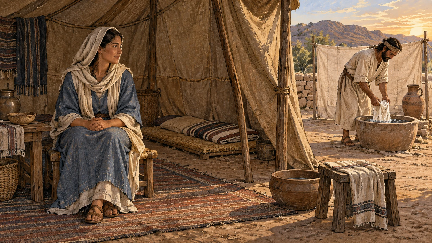 A woman sits beside an empty bed while a man washes a garment outside the tent. The accompanying verses state the rules for menstruation, beds, seats, contact, washing, and the distinct periods of uncleanness.