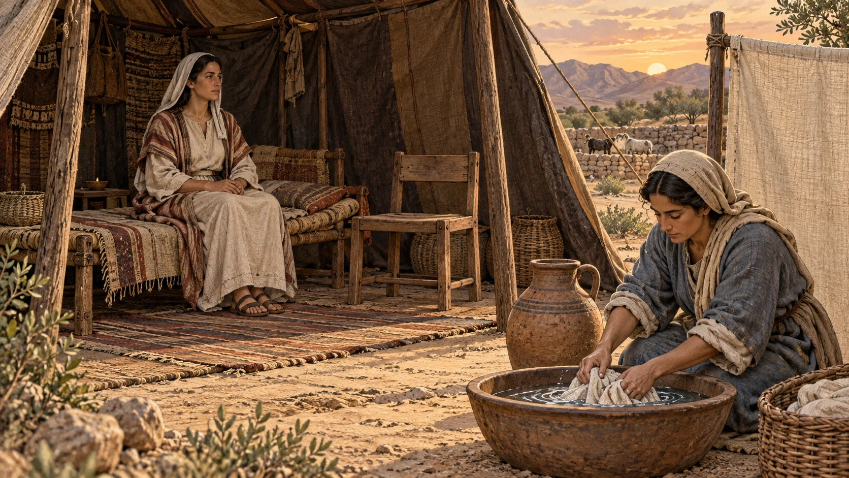 A woman rests on a low bed beside a separate seat while another woman washes a garment outside. The accompanying verses state the rules for prolonged discharge, beds and seats, contact, washing, and uncleanness until evening.