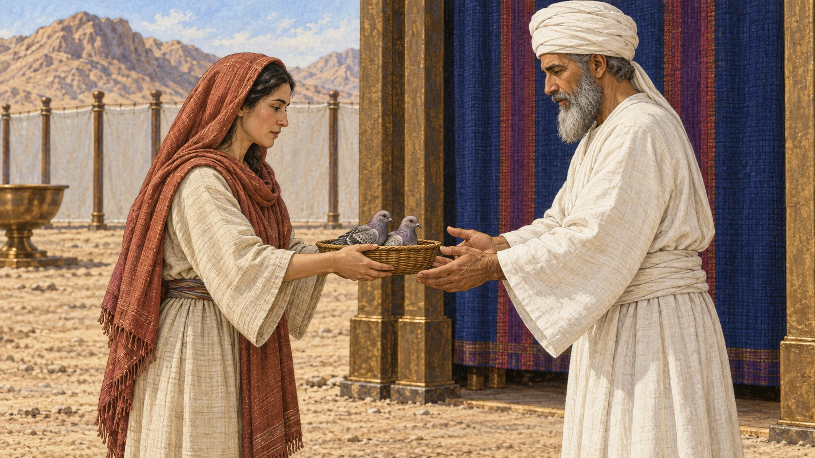 A woman presents two pigeons to the priest at the entrance of the tent of meeting. The accompanying verses preserve the seven days after recovery, eighth-day presentation, and subsequent sin and burnt offerings.