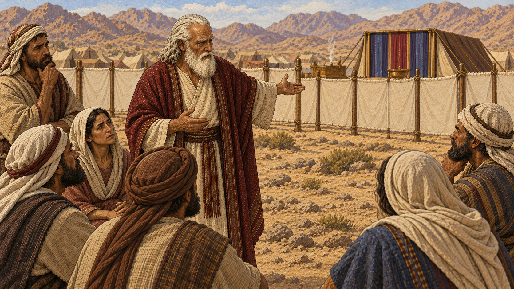 Moses solemnly warns the Israelites beside the sanctuary court. The accompanying verse states that defiling the tabernacle in their uncleanness brings the danger of death.