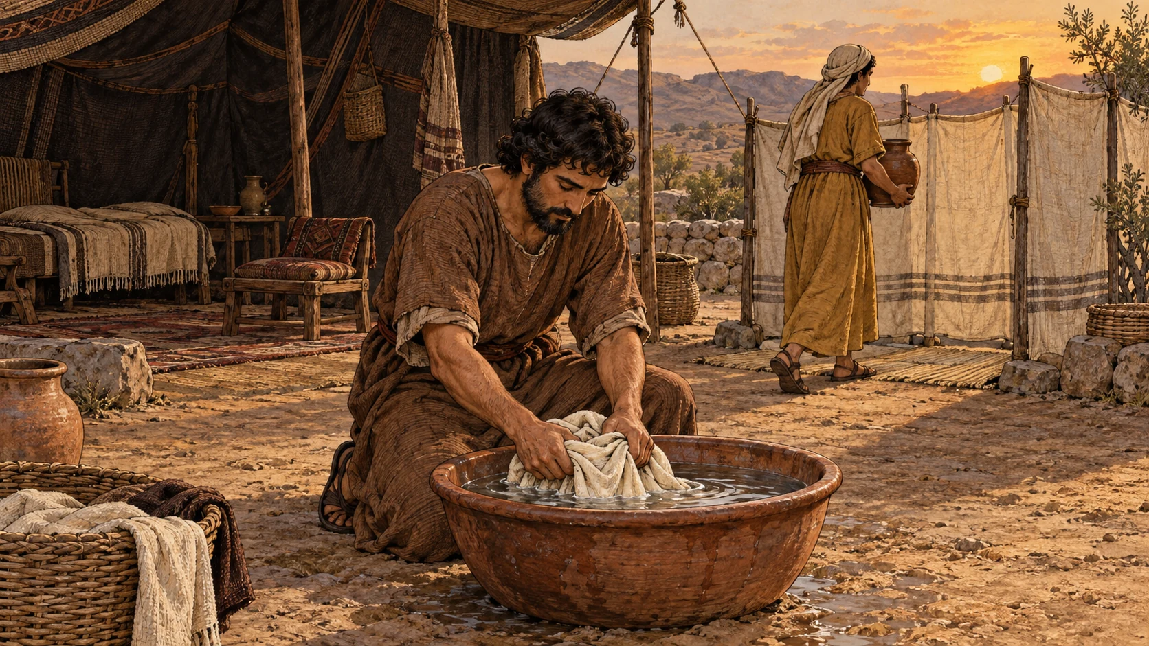 An adult washes his garment while water is carried toward a bathing screen. A bed and seat provide household context. The accompanying verses specify the contact cases, washing, bathing, and uncleanness until evening.