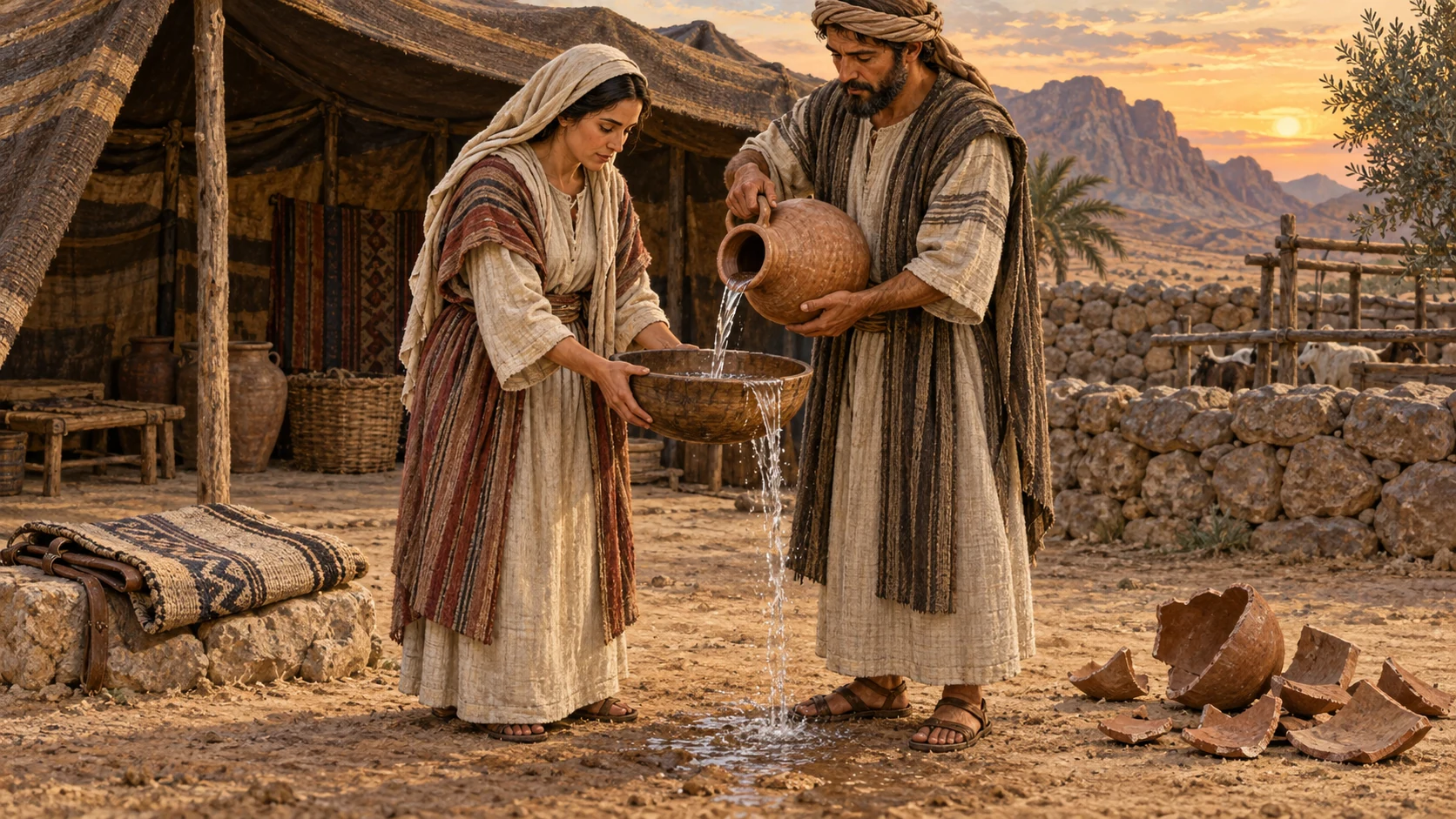 Two adults rinse a wooden vessel with water beside broken earthenware. Riding gear provides household context. The accompanying verses give the contact rules, washing, bathing, and uncleanness until evening.