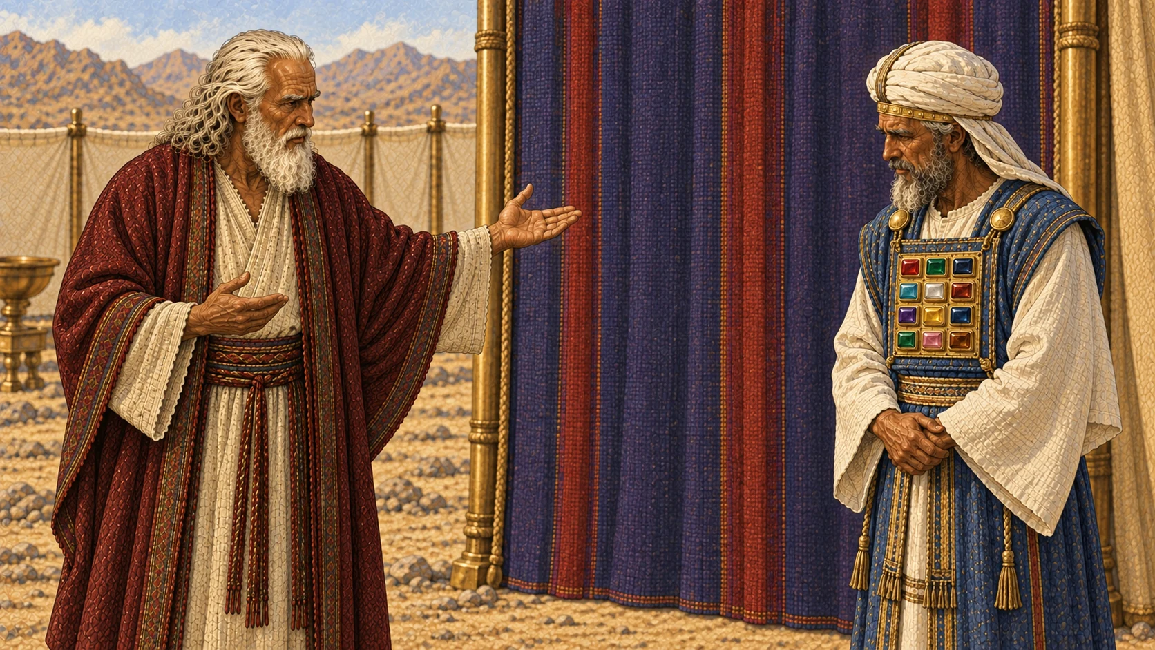 Moses warns Aaron outside the closed tent entrance. The accompanying verses recall the deaths of Aaron’s sons and prohibit entry at just any time inside the veil, before the atonement cover where Yahweh will appear in the cloud.