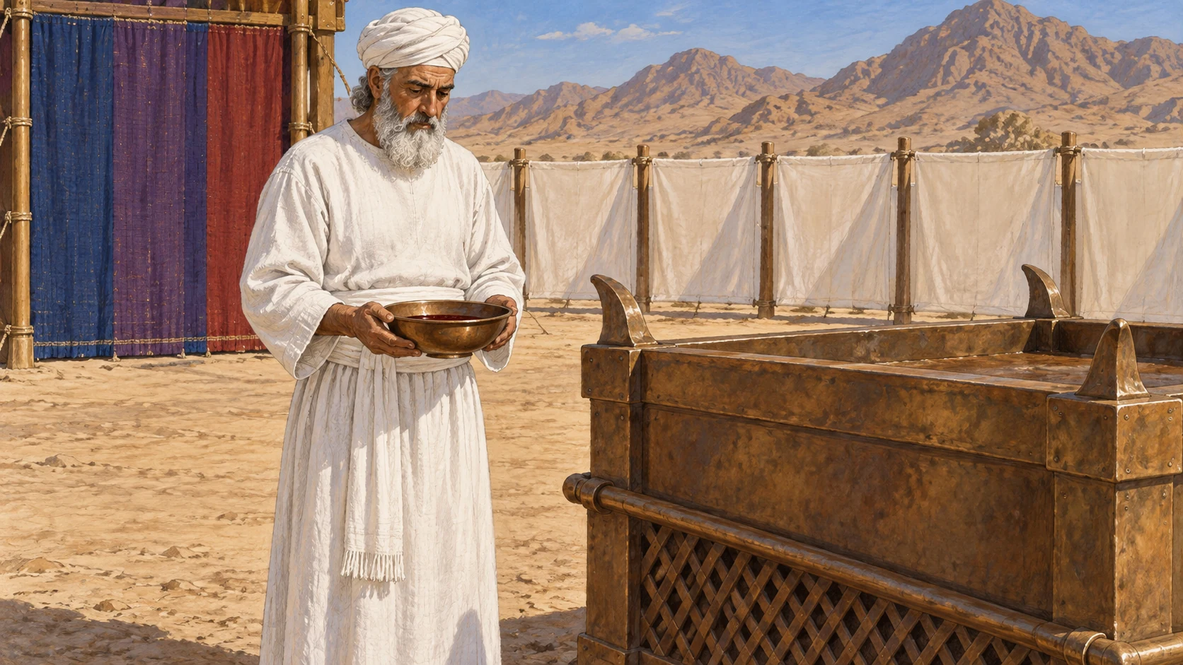 Aaron stands beside the bronze altar holding a bowl of sacrificial blood. The accompanying verse explicitly describes presenting and slaughtering the bull for his sin offering and making atonement for himself and his household.