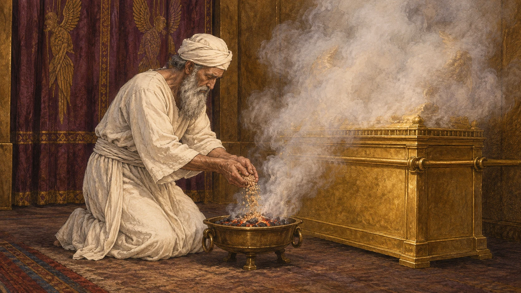 Inside the veil, Aaron puts incense on the glowing coals. Its cloud spreads over the mercy seat above the testimony. The accompanying verses specify the coals, two full handfuls of finely ground incense, and the purpose that he may not die.