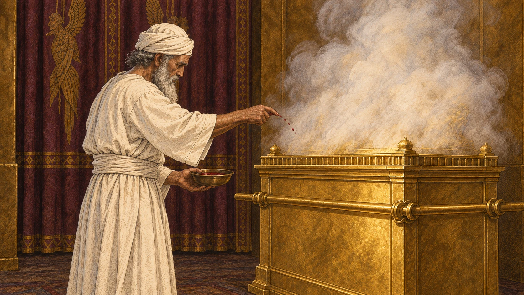 Aaron sprinkles some of the bull’s blood with his finger before the smoke-covered mercy seat. The complete verse specifies the eastward front and seven sprinklings before it; the illustration shows one moment of the rite.