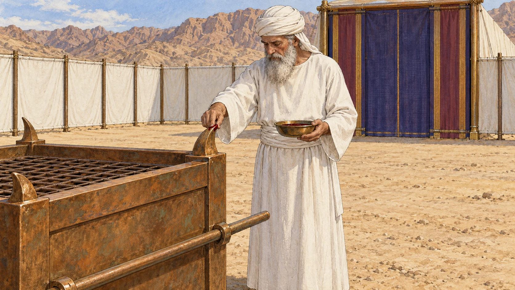 Aaron applies sacrificial blood to a horn of the altar. The accompanying verses specify blood from the bull and goat, application to the horns all around, and seven finger sprinklings to cleanse and consecrate the altar.