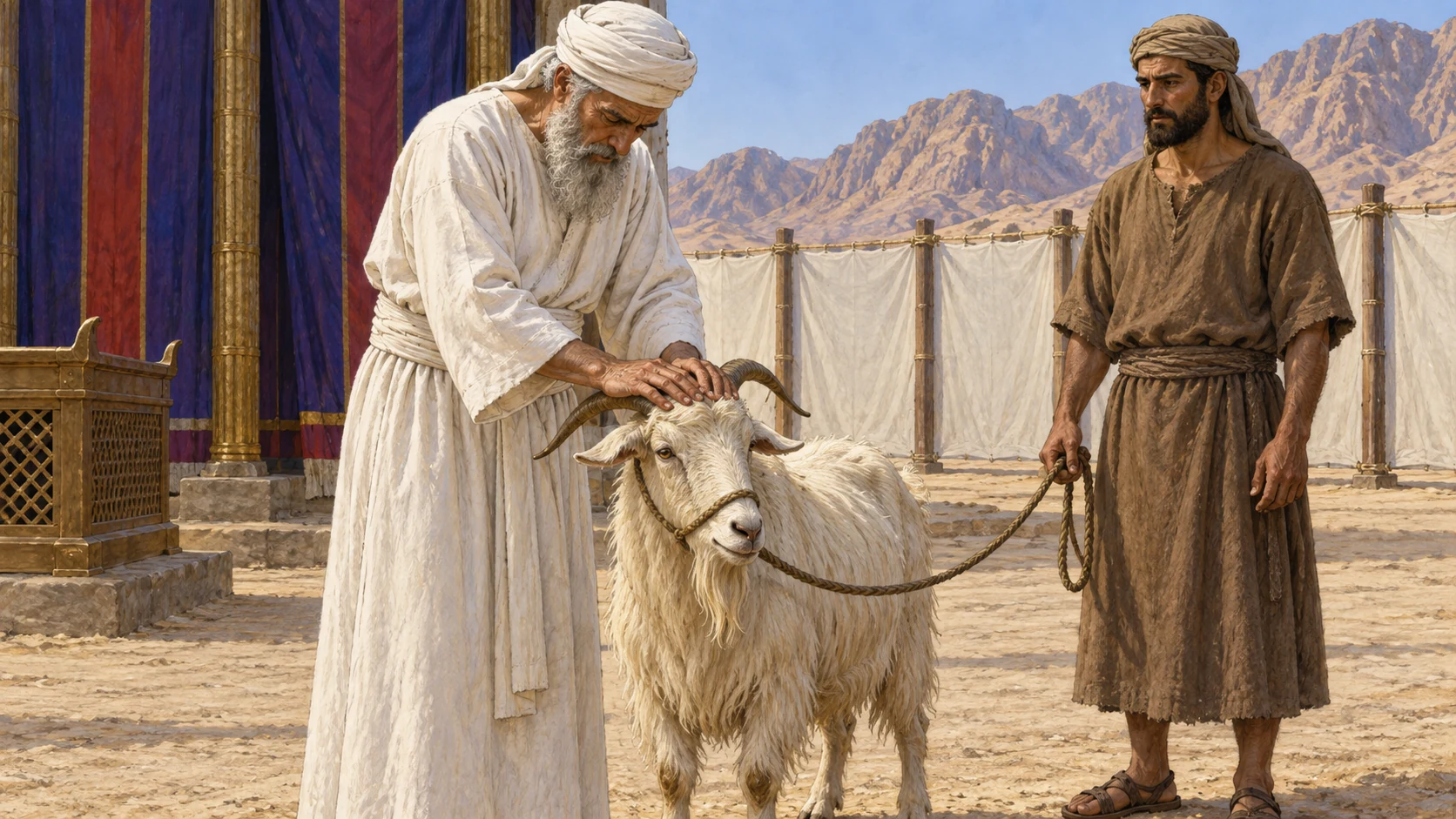 Aaron lays both hands on the living goat’s head while the appointed man waits with its lead. The accompanying verses state the confession of all Israel’s sins and the sending of the goat into the wilderness after the sanctuary rites.