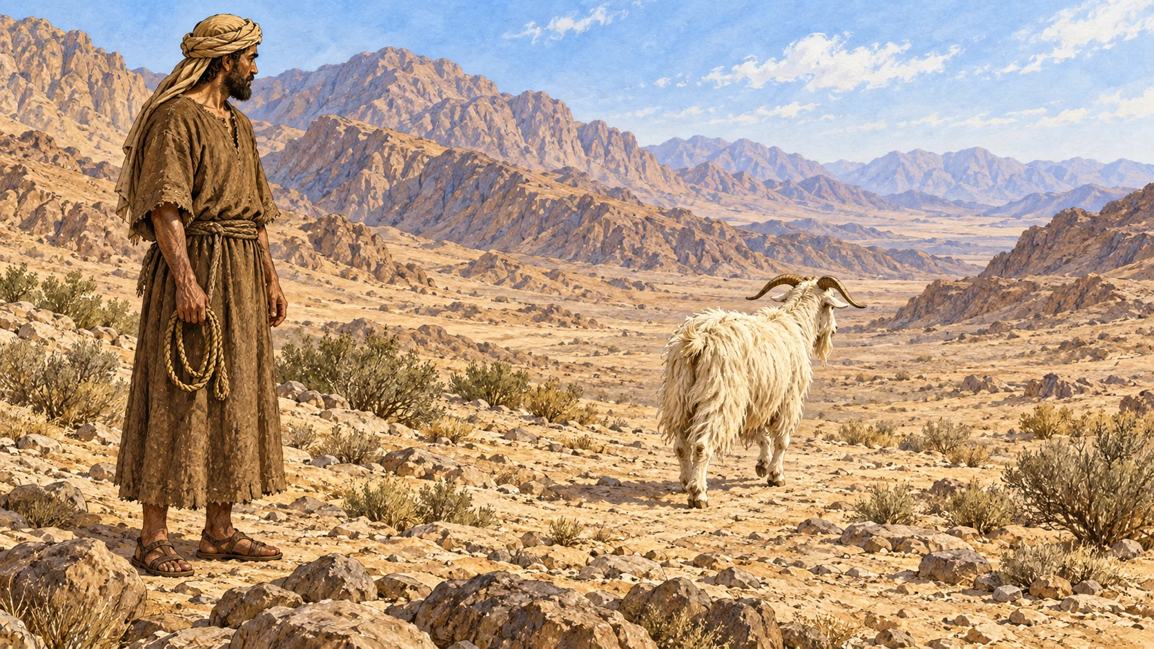 The appointed man releases the living goat into the remote wilderness. The accompanying verse states that the goat carries all their iniquities to a cut-off land.