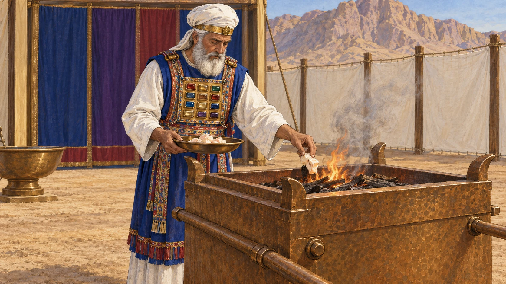 Aaron, dressed again in his priestly garments, burns the sin-offering fat on the altar. The accompanying verses preserve leaving the linen garments in the tent, washing in a holy place, and offering his and the people’s burnt offerings.