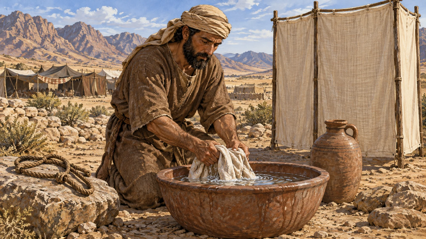 The man who released the goat washes his clothes outside the camp, with water prepared beside a privacy screen. The accompanying verse requires bathing his body before he may return to camp.