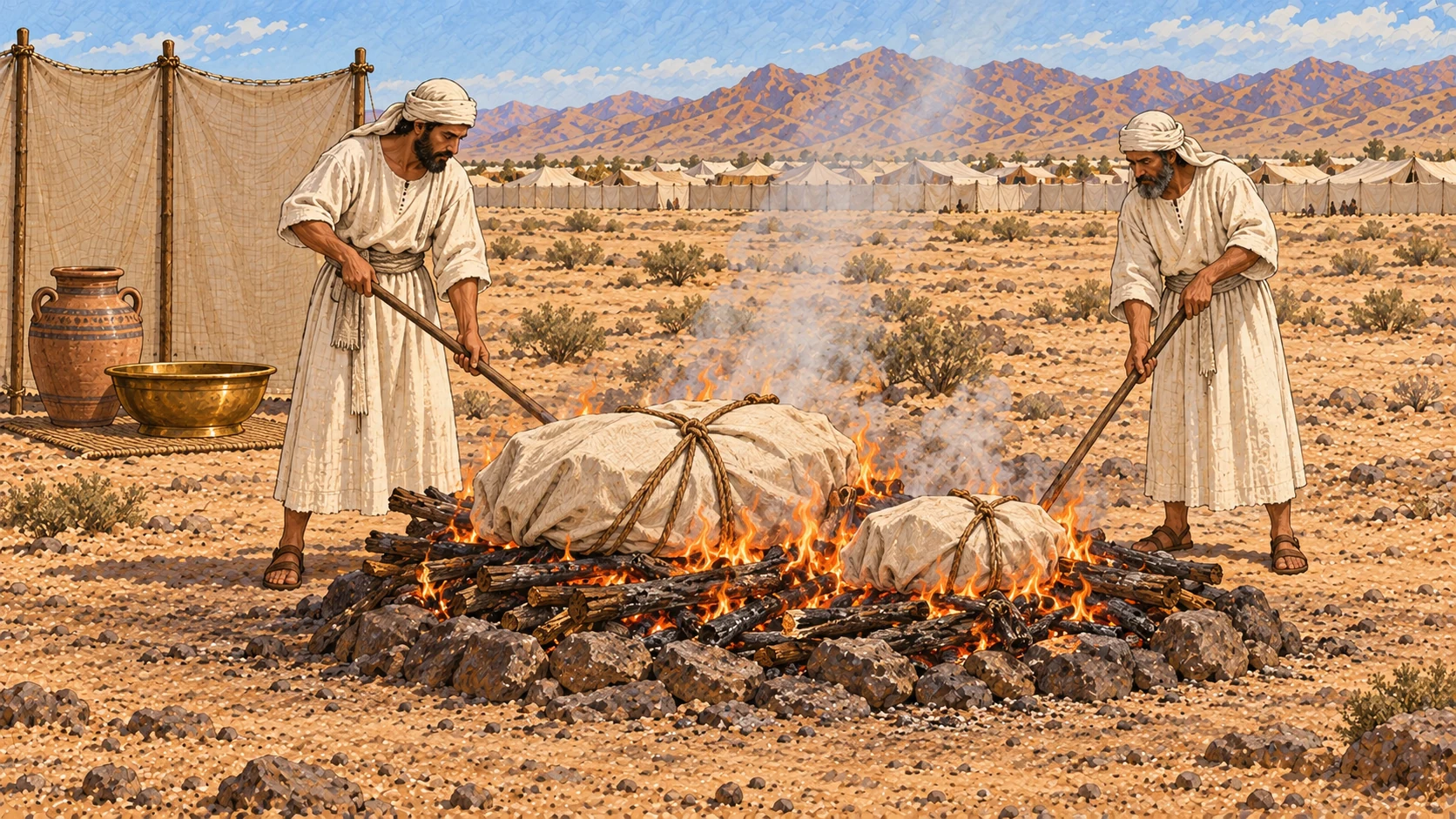 Outside the camp, attendants tend the fire burning the covered remains of the bull and goat. The accompanying verses require the burner to wash his clothes and bathe his body before returning to camp.