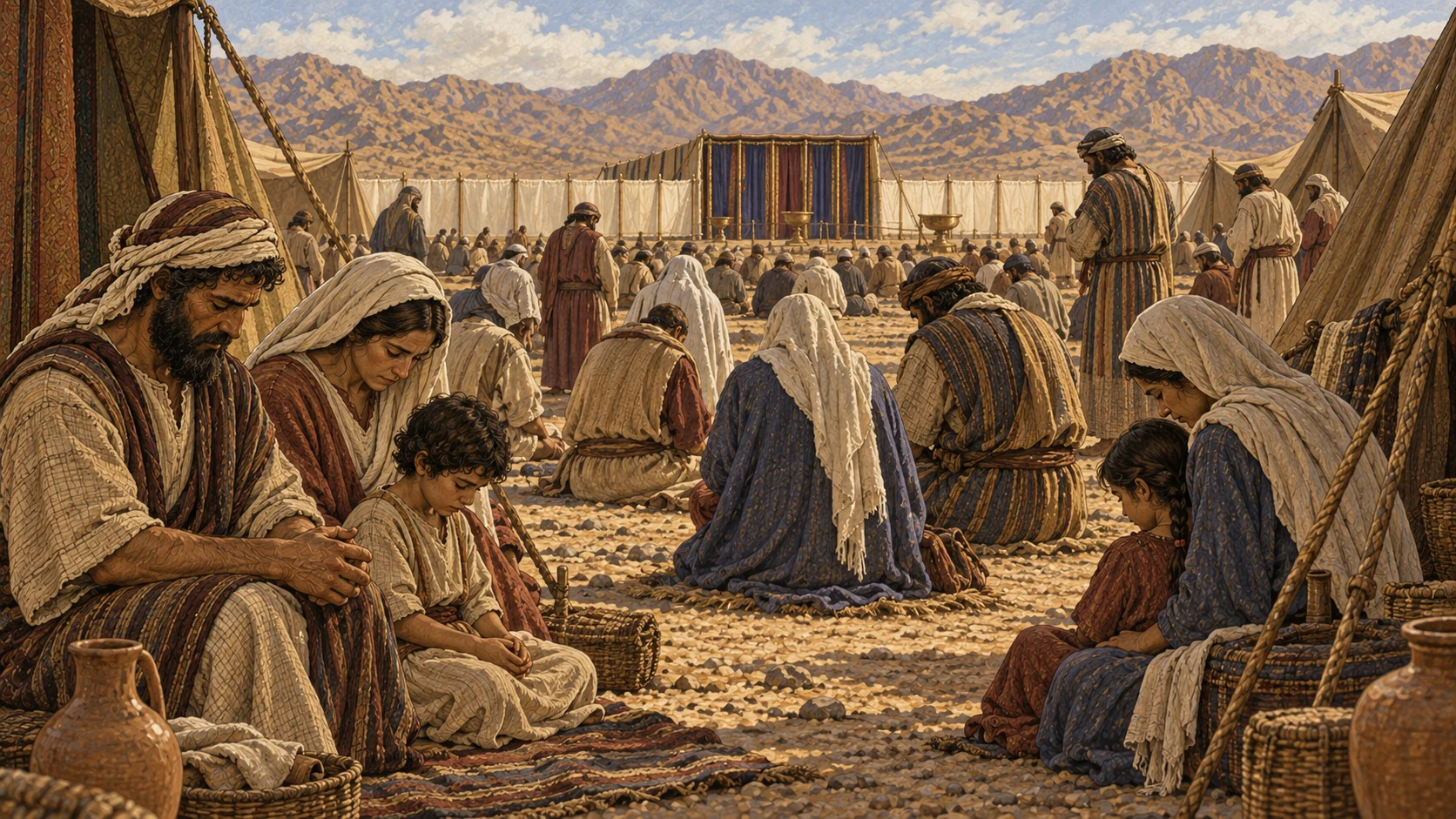 Families rest with bowed heads in the camp facing the sanctuary. The accompanying verses establish the tenth day of the seventh month, humility and cessation from work for native-born and sojourner alike, and atonement to cleanse the people from their sins.