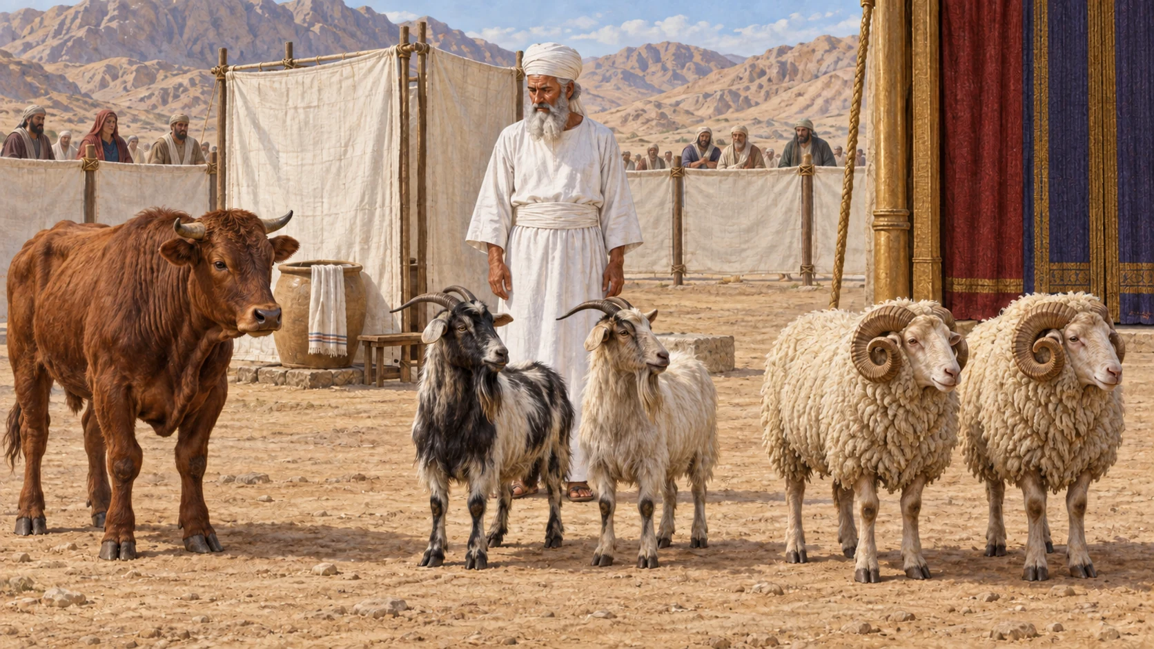 Aaron stands in the holy linen garments beside a bull, two goats, and two rams prepared for the offerings. The accompanying verses specify his washing and clothing and distinguish his offerings from those of the congregation.