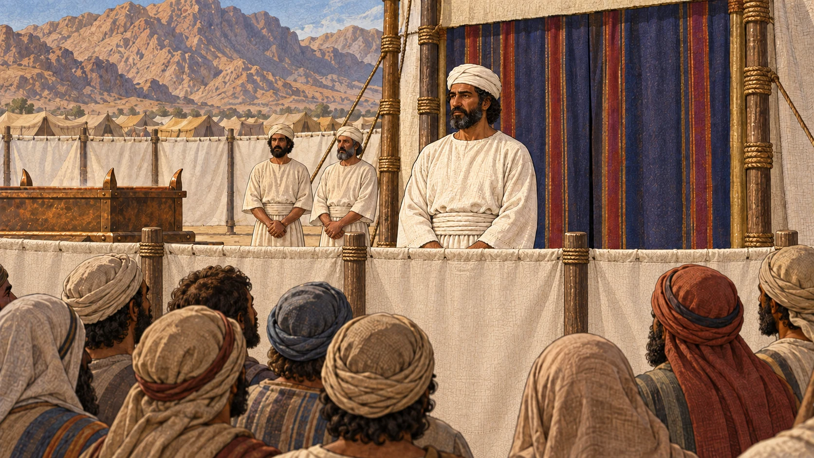 A successor priest in holy linen stands before the closed tent as the congregation waits beyond the courtyard boundary. The accompanying verses establish atonement for the sanctuary, tent, altar, priests and assembly, once every year.