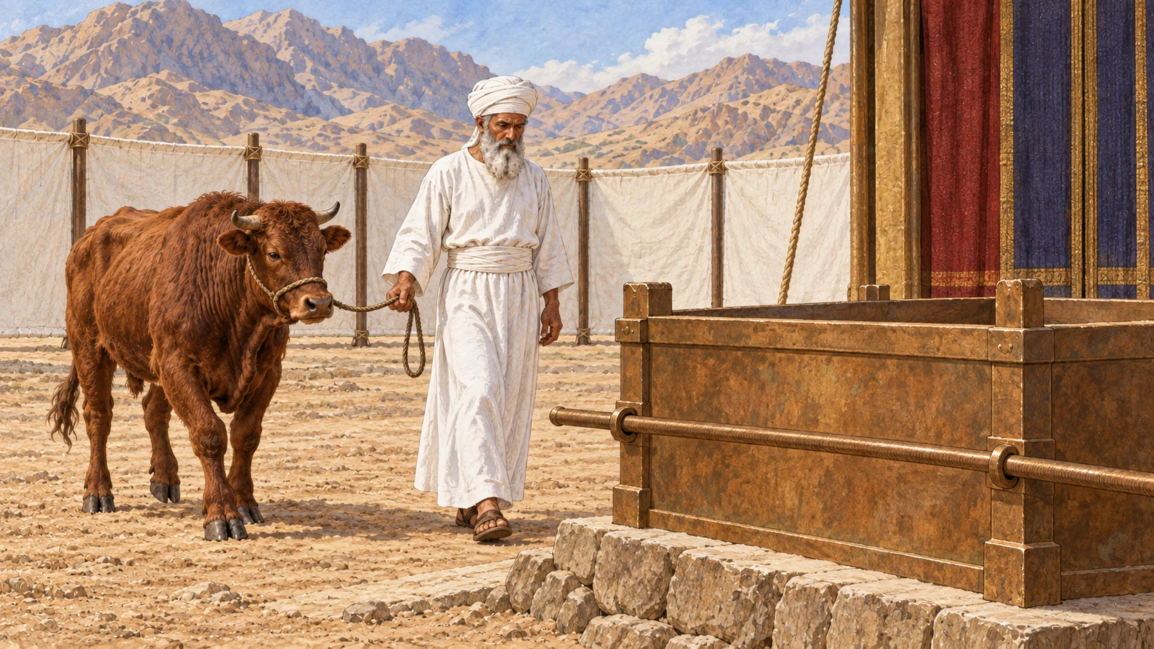 Aaron leads the bull toward the bronze altar to present his sin offering. The accompanying verse states that he is to make atonement for himself and his household.