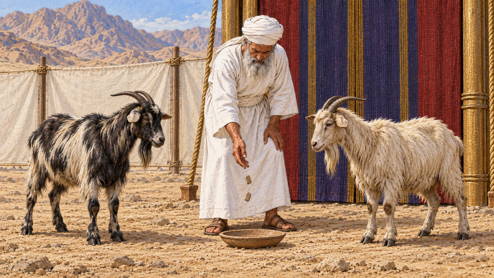 Aaron casts lots beside the two goats at the tent entrance. The accompanying verses assign one lot to Yahweh and one to Azazel, specifying the sin offering and the living goat to be sent into the wilderness.
