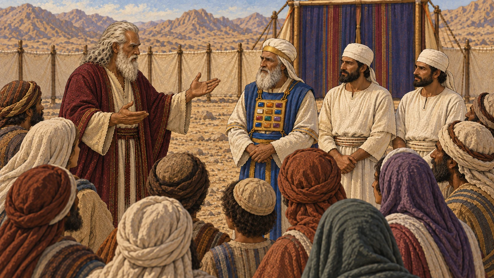 Moses addresses Aaron, his two surviving sons, and the gathered Israelites outside the sanctuary court. The accompanying verses state Yahweh's command for Moses to speak to Aaron, his sons, and all Israel.