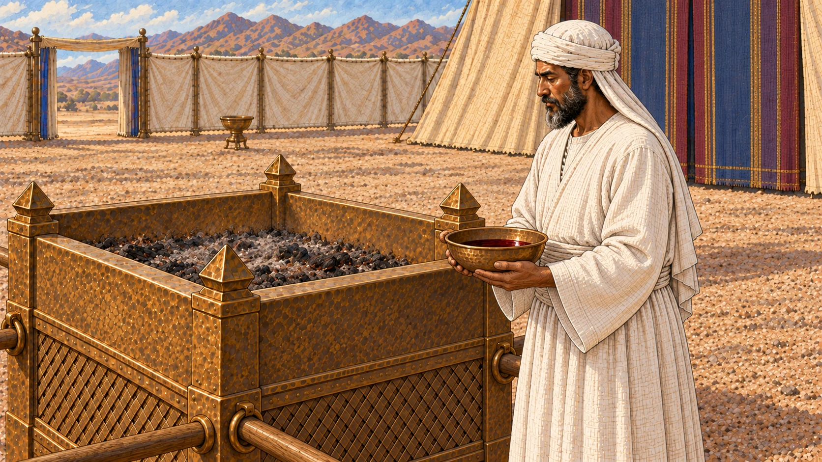 A priest holds sacrificial blood beside the altar. The accompanying verses forbid Israelites and sojourners to eat blood, explaining that life is in the blood and that it is given on the altar for atonement.