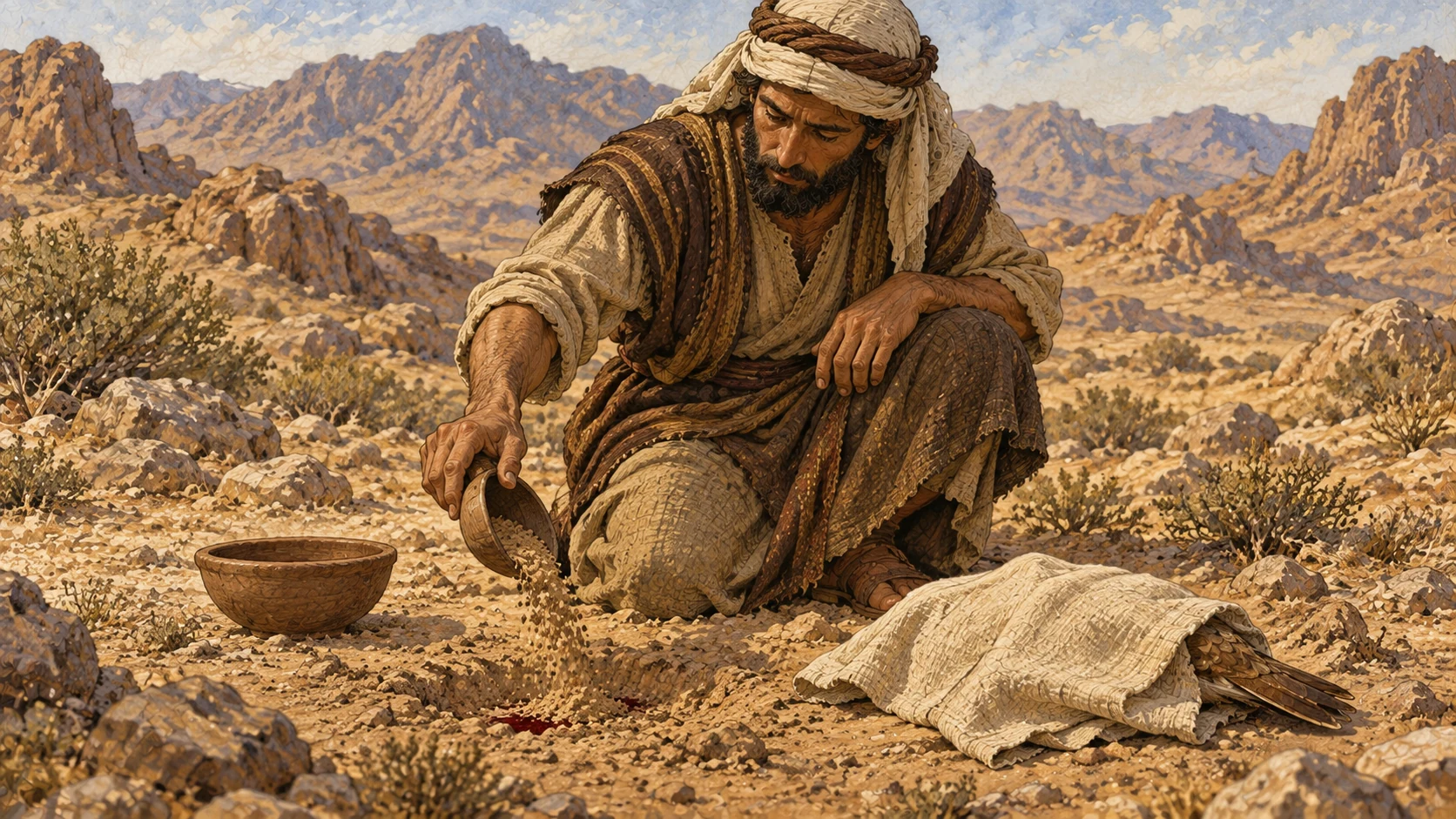 A hunter covers poured-out blood with loose earth beside a mostly covered game bird. The accompanying verses apply the rule to Israelites and sojourners and forbid eating blood because the life of flesh is in it.