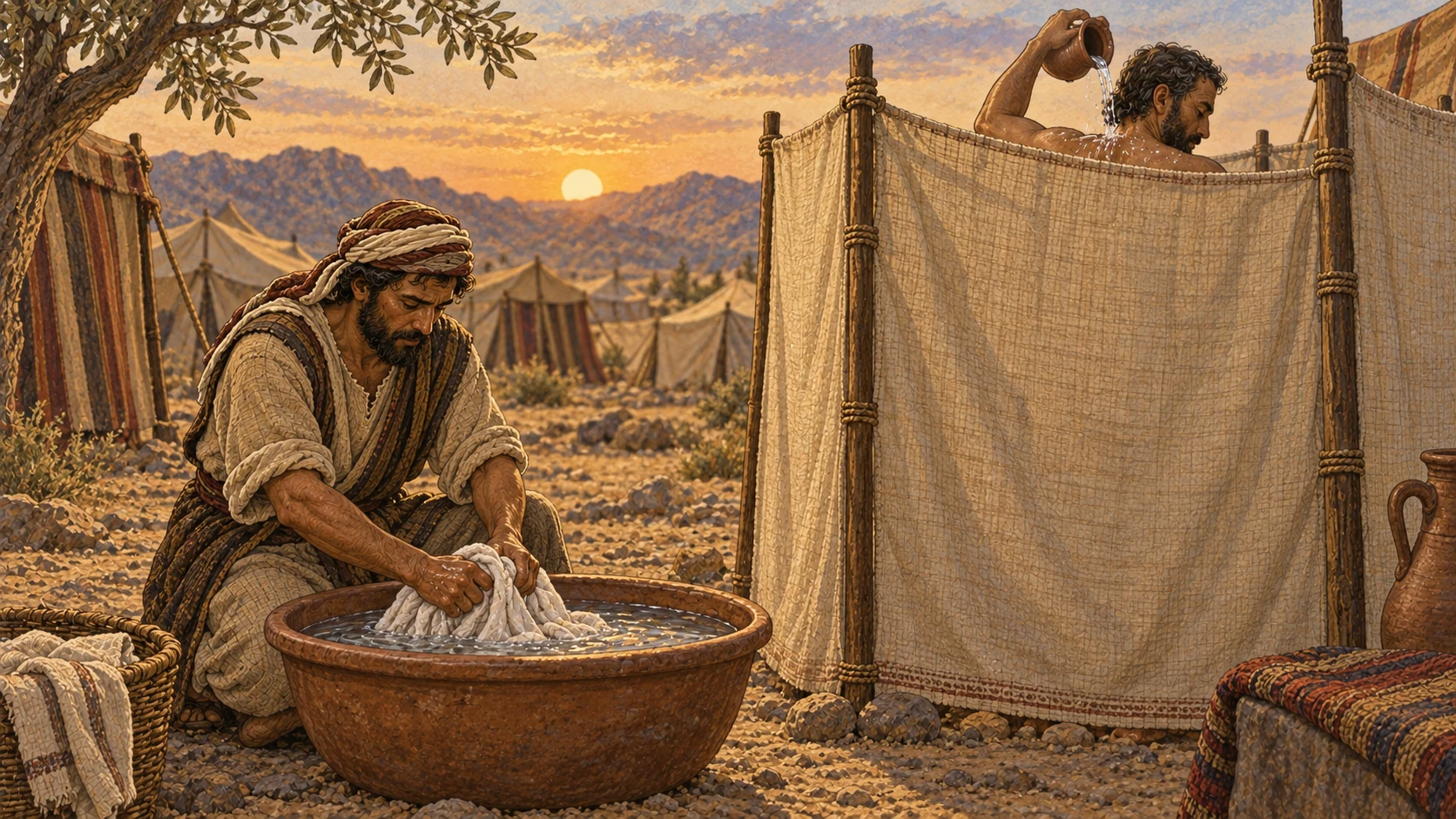 One man washes a garment while another bathes behind a linen screen before evening. The accompanying verses require both actions after eating an animal found dead or torn, followed by waiting until evening, and state the guilt of omitting cleansing.