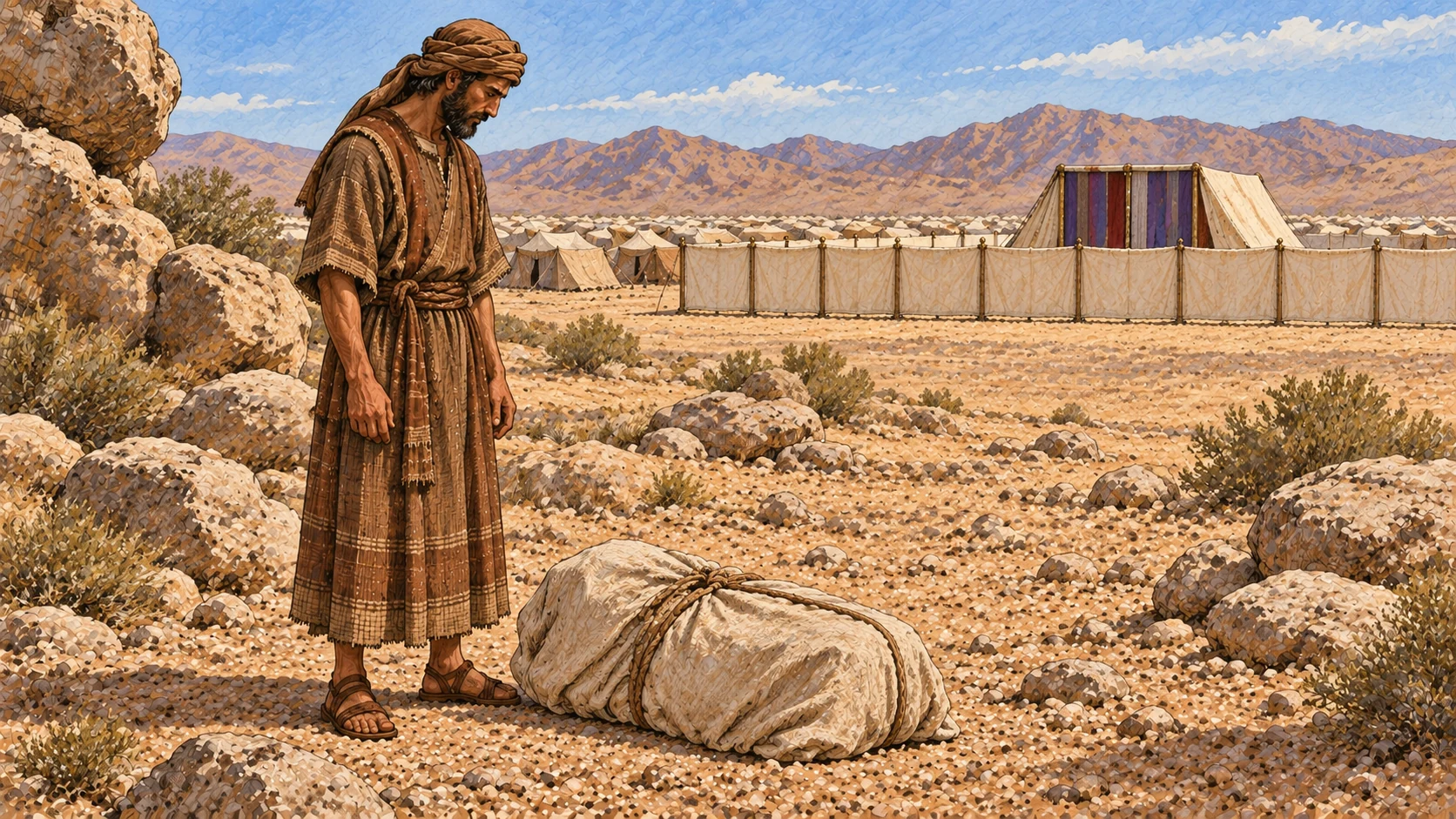 A man stands beside covered animal remains away from the sanctuary. The accompanying verses condemn slaughter without bringing the animal to the tent entrance as an offering and state the resulting bloodguilt and exclusion.