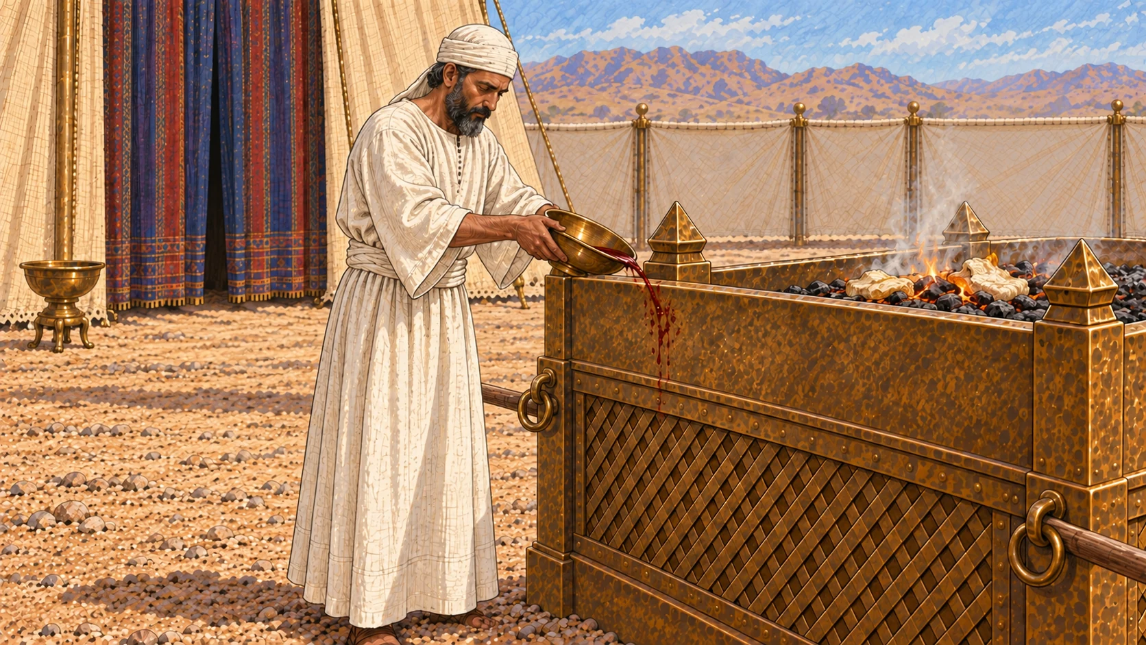 The priest directs sacrificial blood against the bronze altar while fat burns above it. The accompanying verses require Israel to bring their field sacrifices to the priest at the tent entrance as peace offerings to Yahweh.