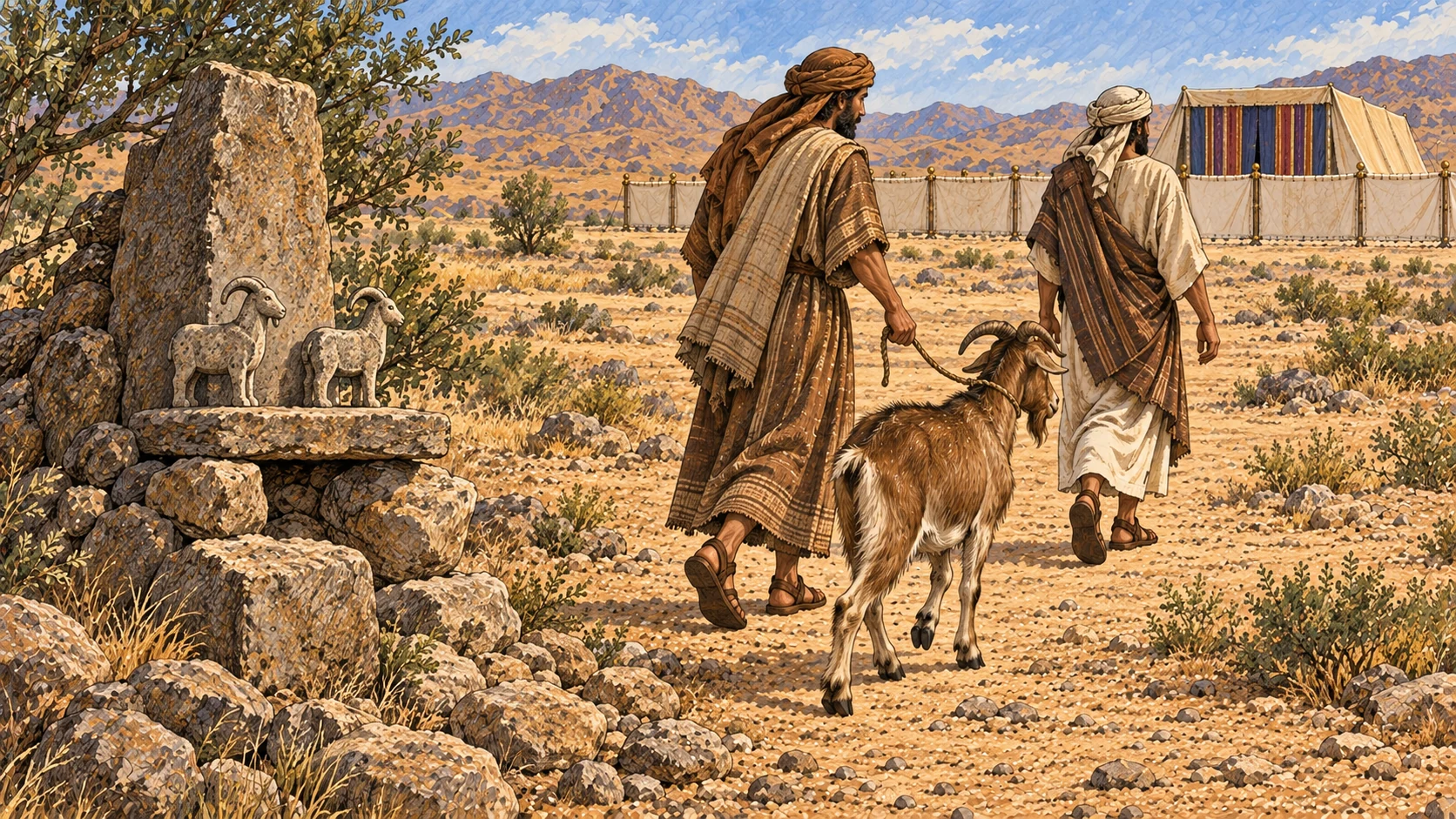 Two Israelites lead a goat away from lifeless cult figures toward the sanctuary. This illustrative renunciation accompanies the prohibition on sacrificing to goat-demons and the permanent statute for future generations.