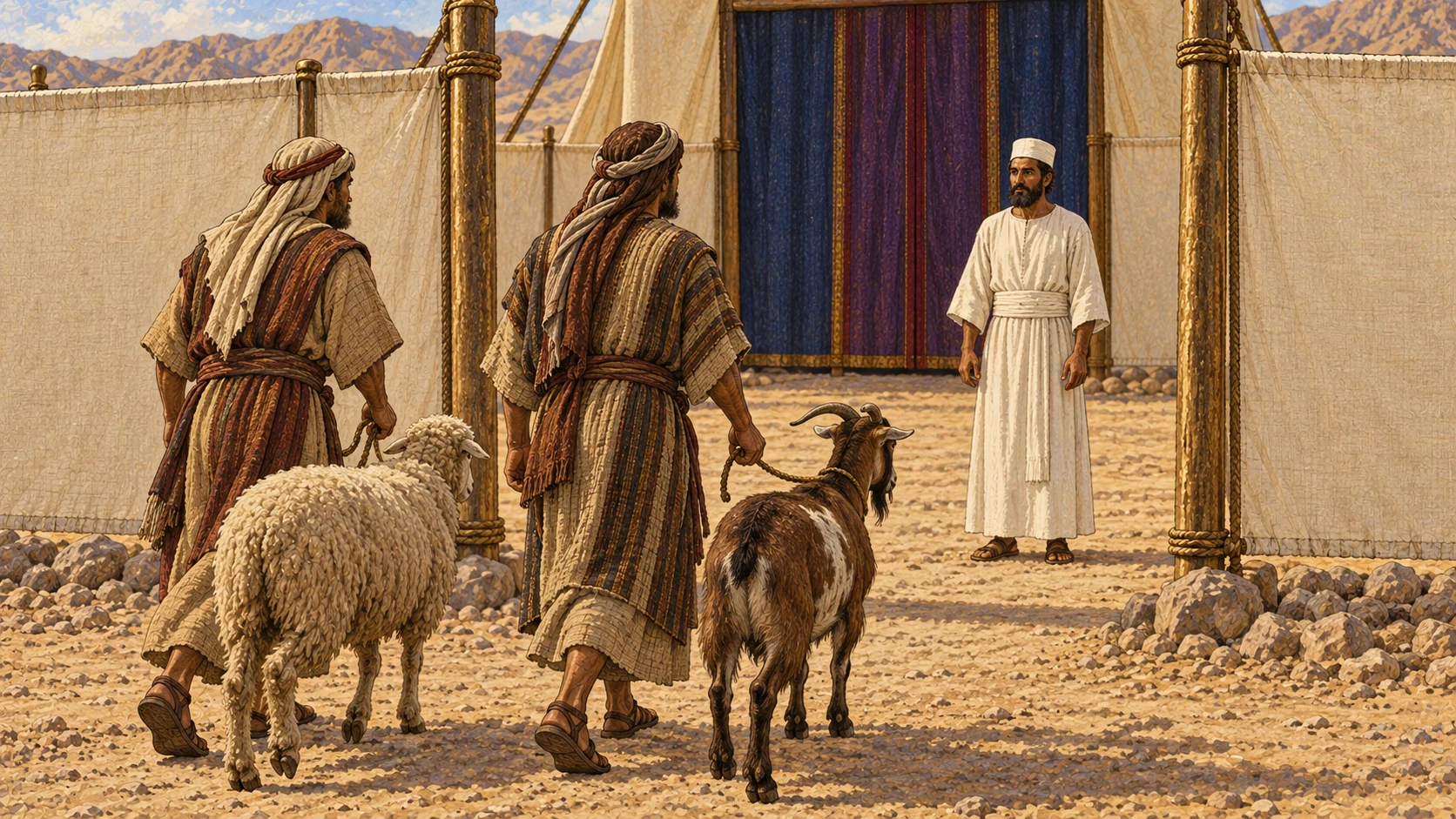 Two worshippers bring living offerings toward the same priest at the sanctuary entrance. The accompanying verses impose the same requirement on Israelites and resident sojourners and state the consequence of failing to bring the offering.