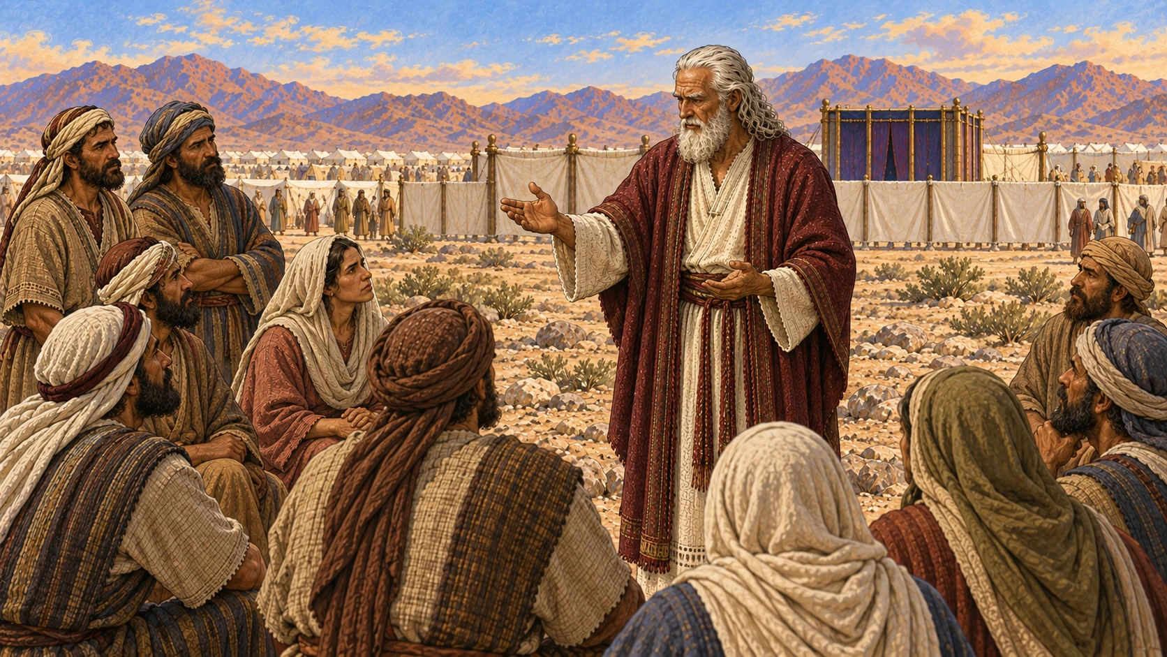 Moses teaches the gathered Israelites outside the sanctuary court. The accompanying verses command them to reject the practices of Egypt and Canaan and to keep Yahweh's statutes and judgments, living by them.