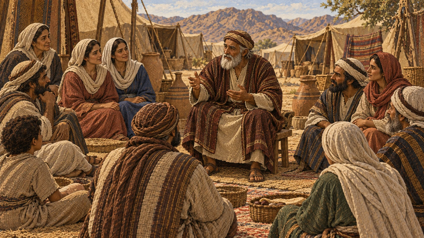 An elder teaches the gathered household about boundaries across the extended family. The accompanying verses specify the prohibited relationships and forbid taking a woman's sister as a rival wife during her lifetime.