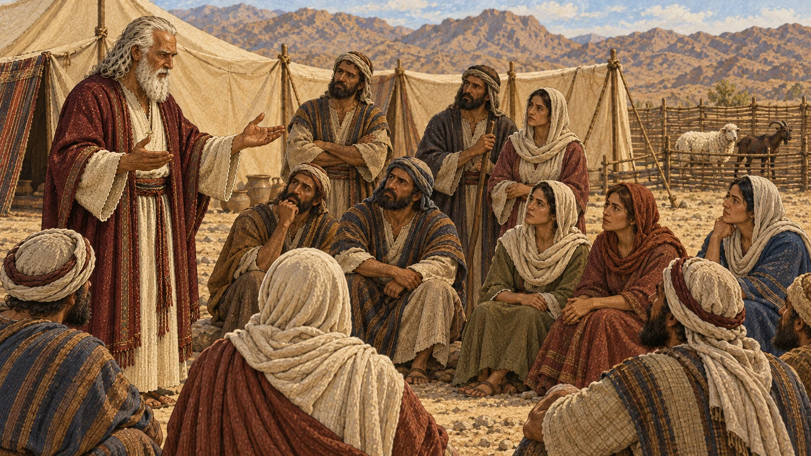 Moses instructs the assembled adults while livestock remain in a separate pen. The accompanying verses state the prohibitions; the artwork depicts teaching without portraying an offense or identifying an offender.