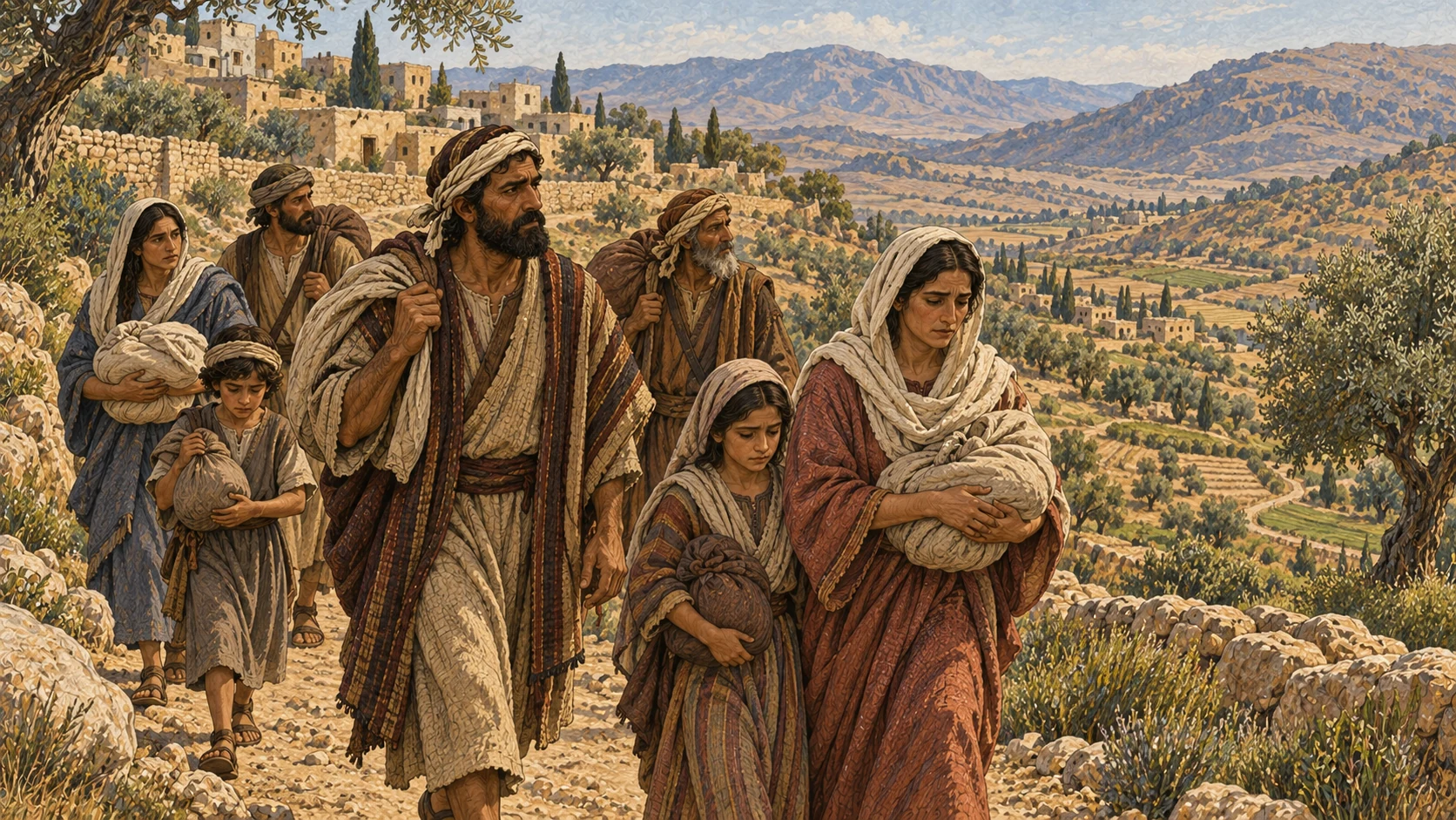 Inhabitants leave a hill settlement carrying their belongings. This illustrative departure accompanies the warning about defilement and the land casting out its inhabitants.