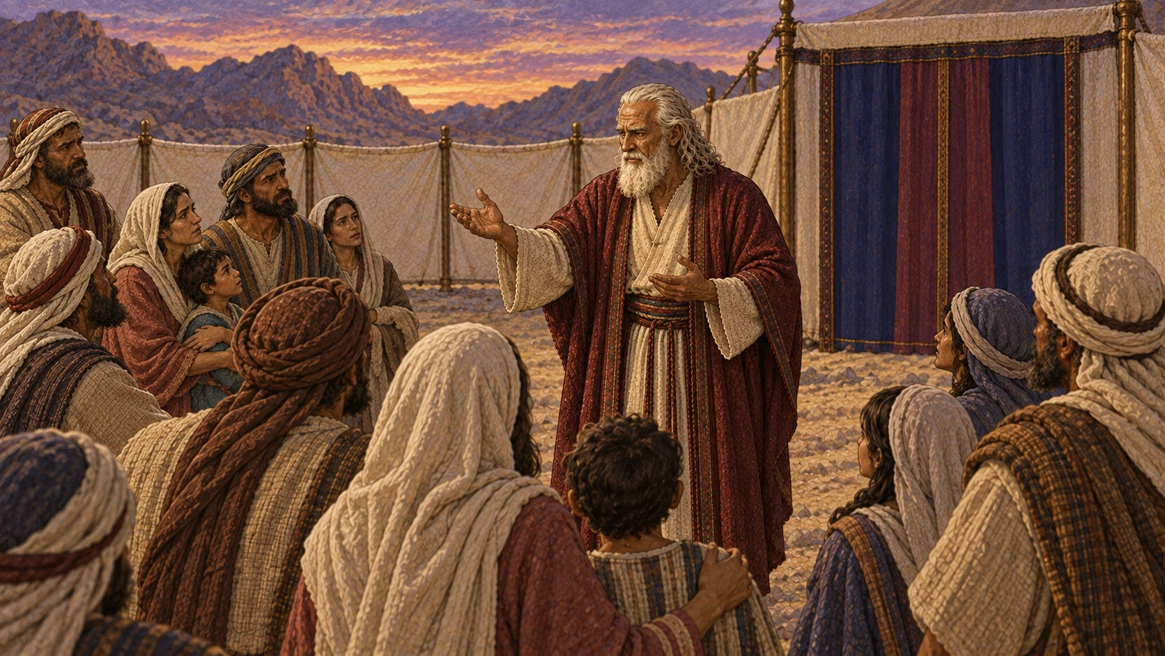 At twilight, Moses gives the gathered households the closing charge. The accompanying verse commands them not to repeat the former practices or become unclean through them, declaring Yahweh their God.