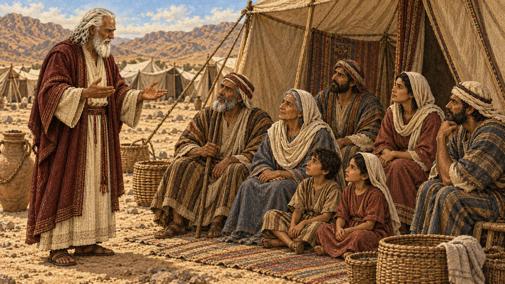 Moses teaches a multigenerational household about boundaries within the family. The accompanying verses specify each prohibited relationship; the image depicts instruction without portraying prohibited conduct.