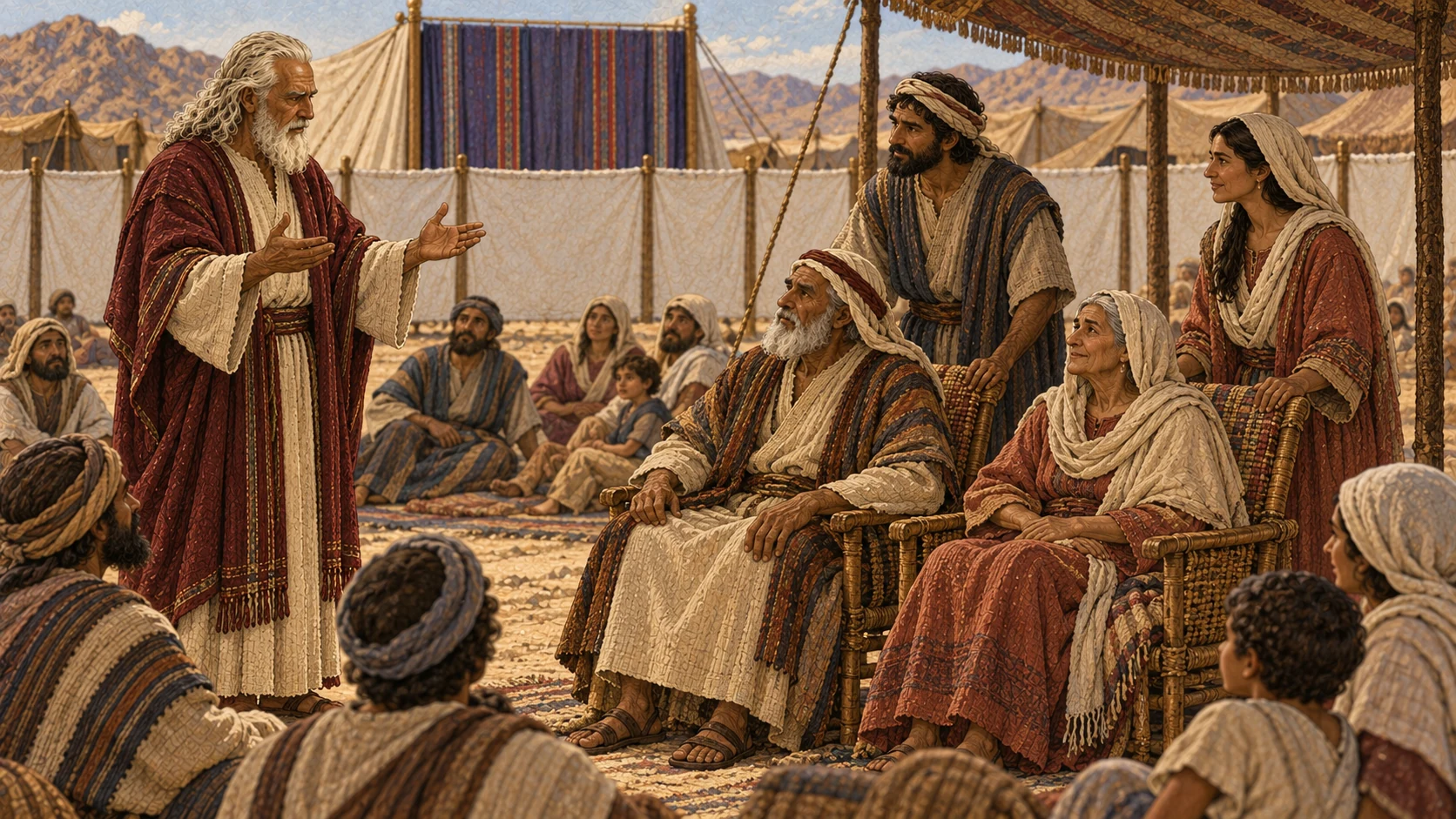 Moses teaches the resting congregation as adults stand respectfully beside their seated parents. The accompanying verses command holiness, reverence for parents, Sabbath observance and rejection of idols.